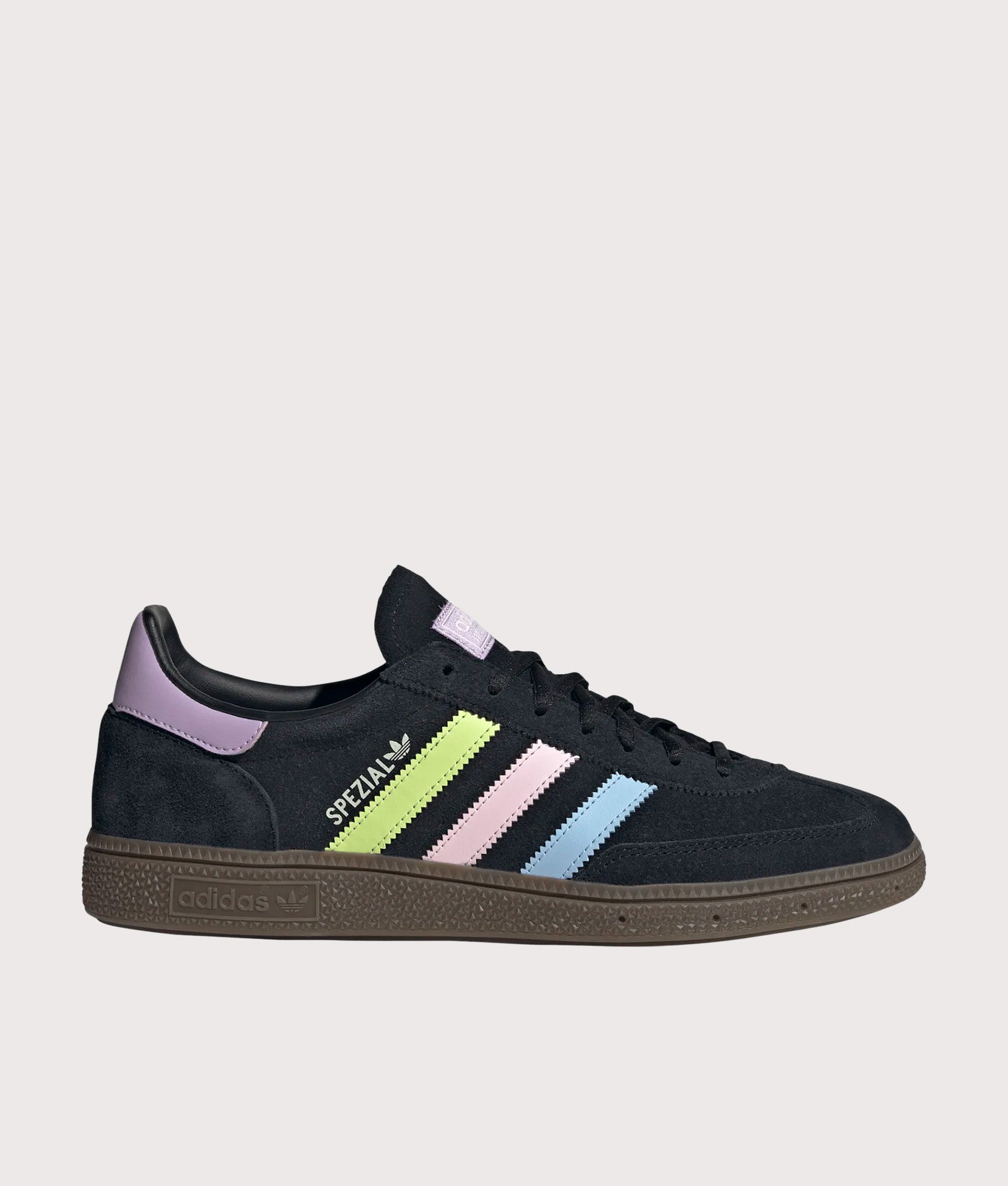 adidas Originals Japan Handball Spezial Trainers in Core Black, Glow Blue and Off White. Side shot.