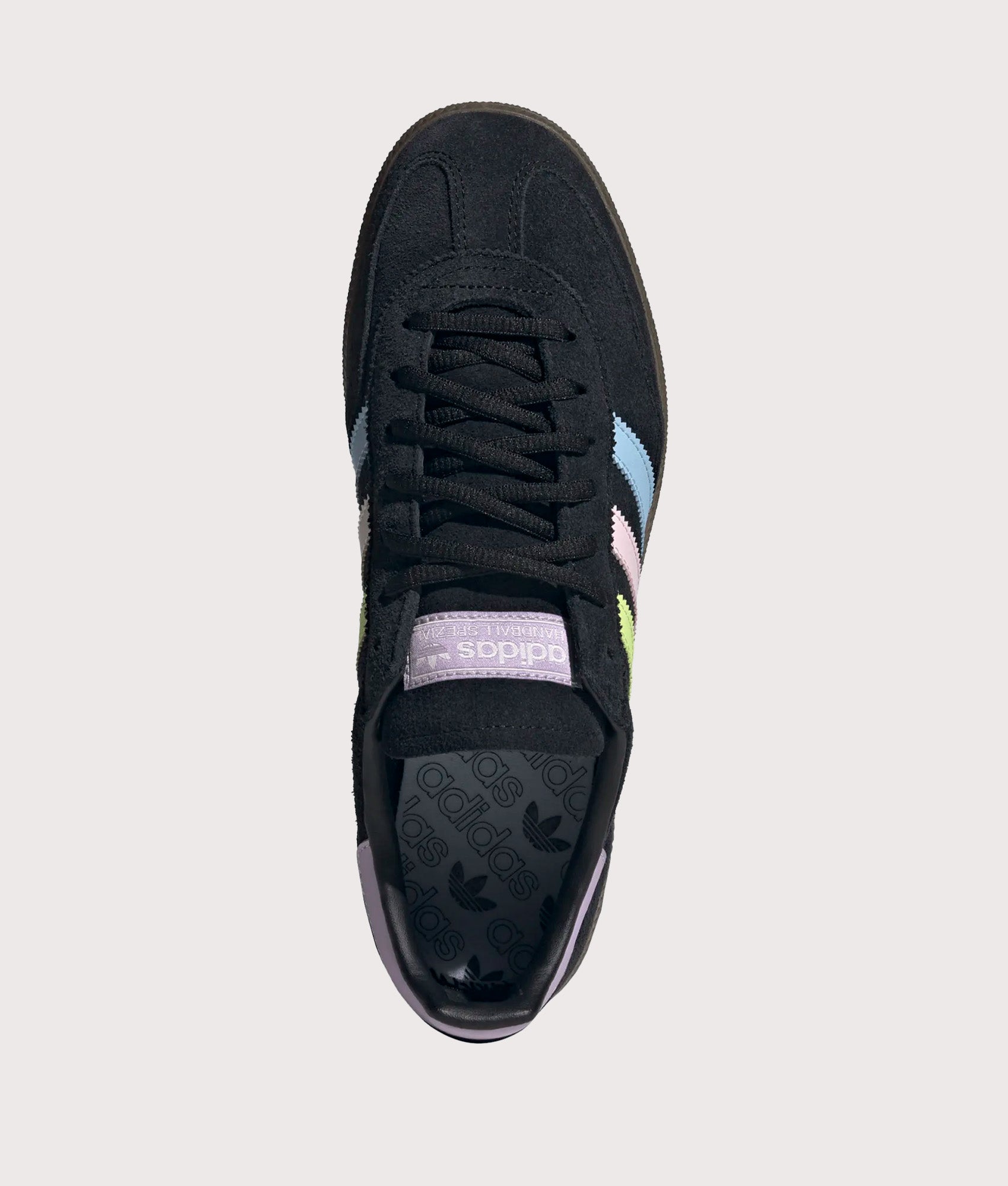 adidas Originals Japan Handball Spezial Trainers in Core Black, Glow Blue and Off White. Top shot.