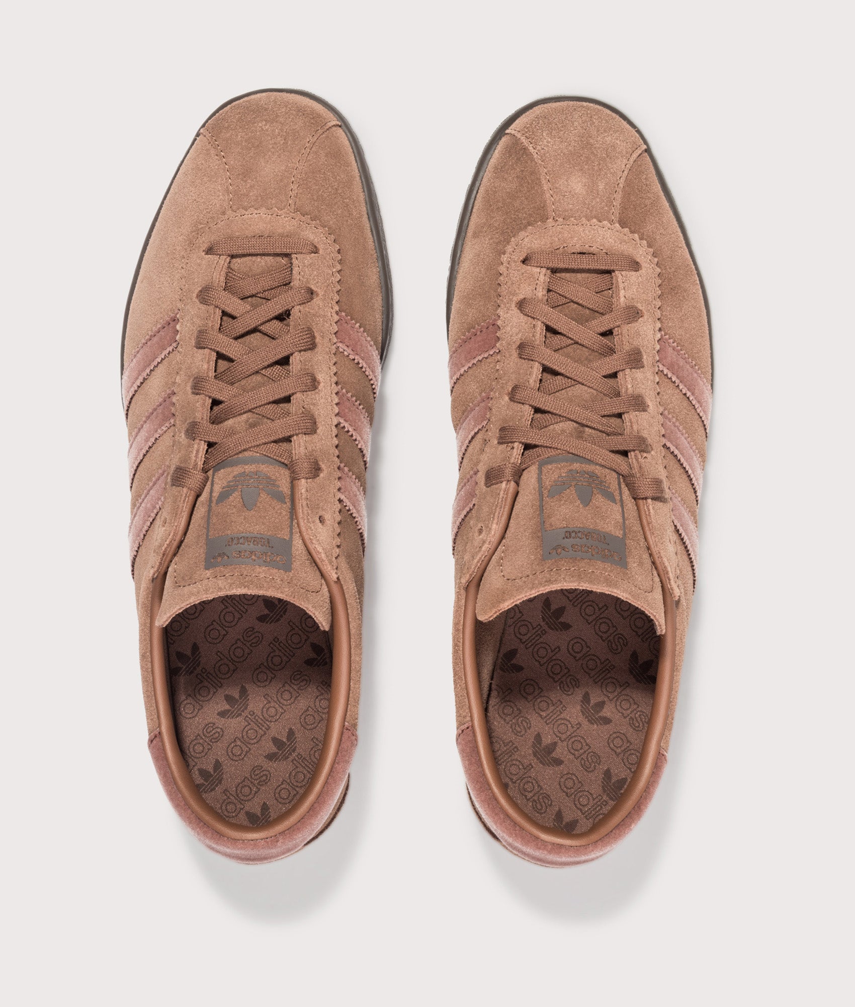 adidas Original Tobacco Trainers in Preloved Brown, Fox Brown and Dark Brown at EQVVS Menswear. Top shot.