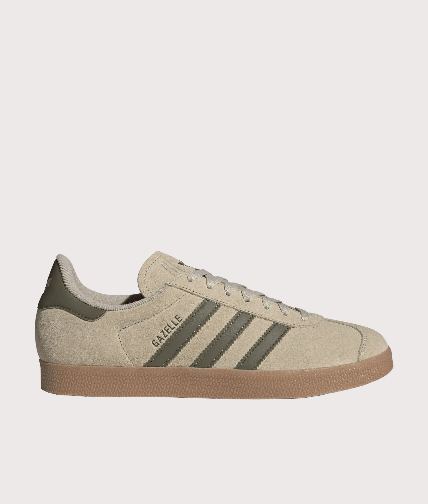 adidas Originals Gazelle in Khaki Three, Olive Strata and Gum 4 at EQVVS Menswear. Side shot. 