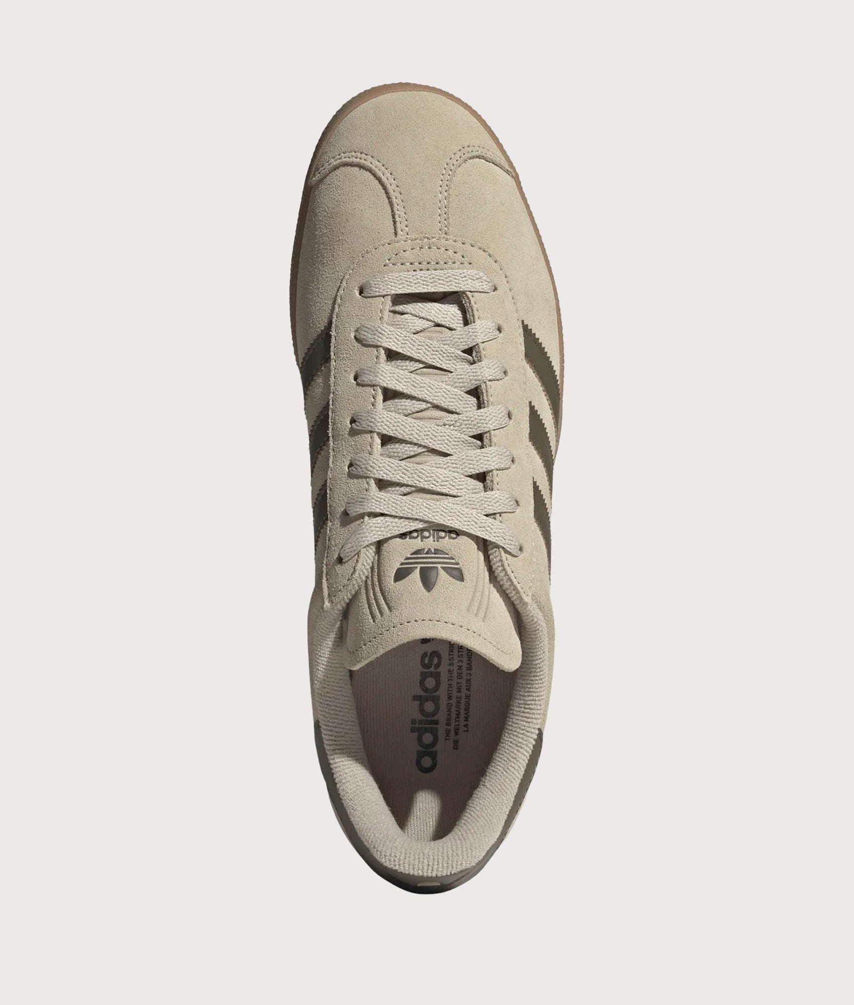adidas Originals Gazelle in Khaki Three, Olive Strata and Gum 4 at EQVVS Menswear. Top shot.