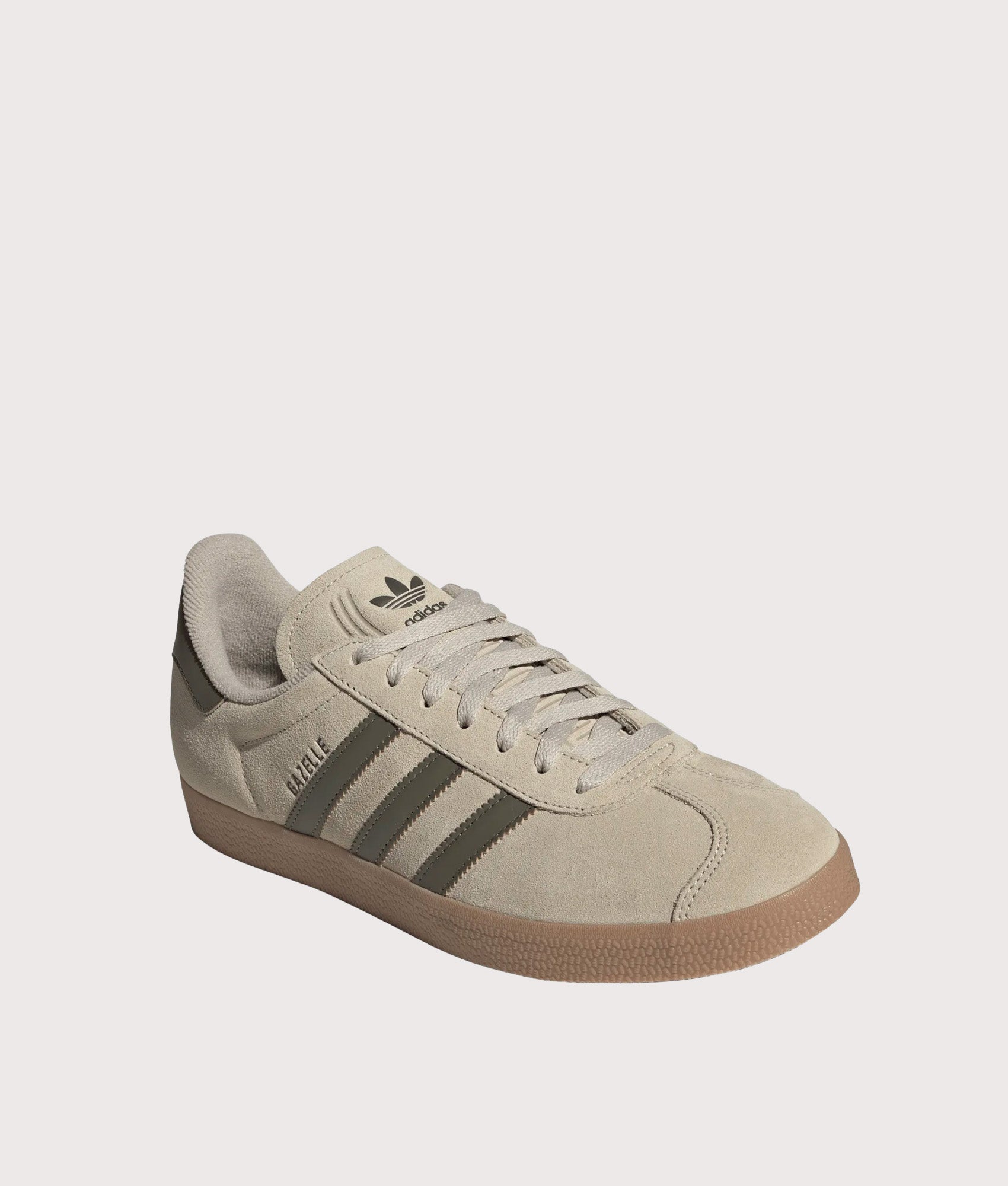 adidas Originals Gazelle in Khaki Three, Olive Strata and Gum 4 at EQVVS Menswear. Angled front shot.