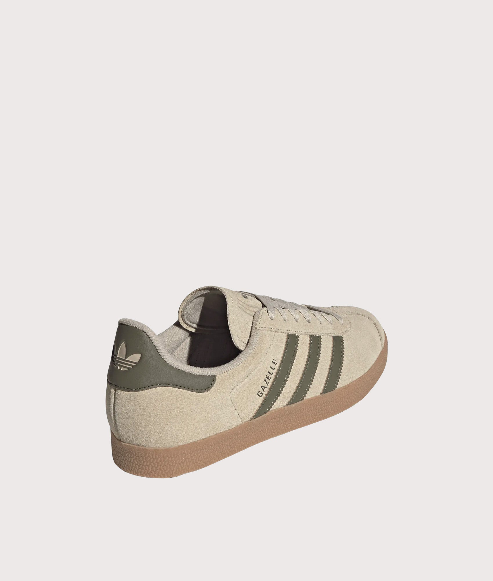 adidas Originals Gazelle in Khaki Three, Olive Strata and Gum 4 at EQVVS Menswear. Angled back shot.