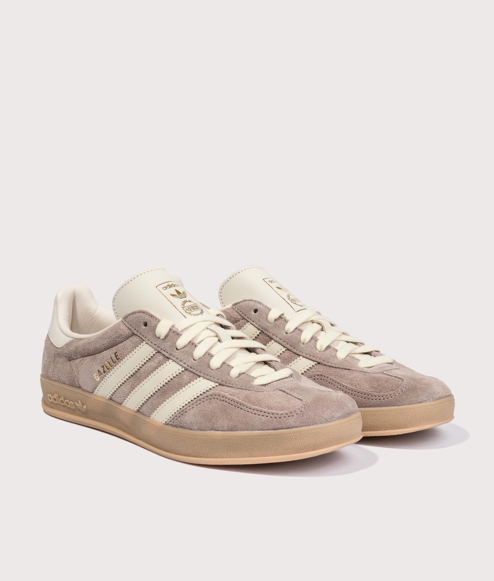 adidas Originals Gazelle Indoor Trainers in Trace Brown, Warm Vanilla and Gum4 at EQVVS Menswear. Angled front shot.