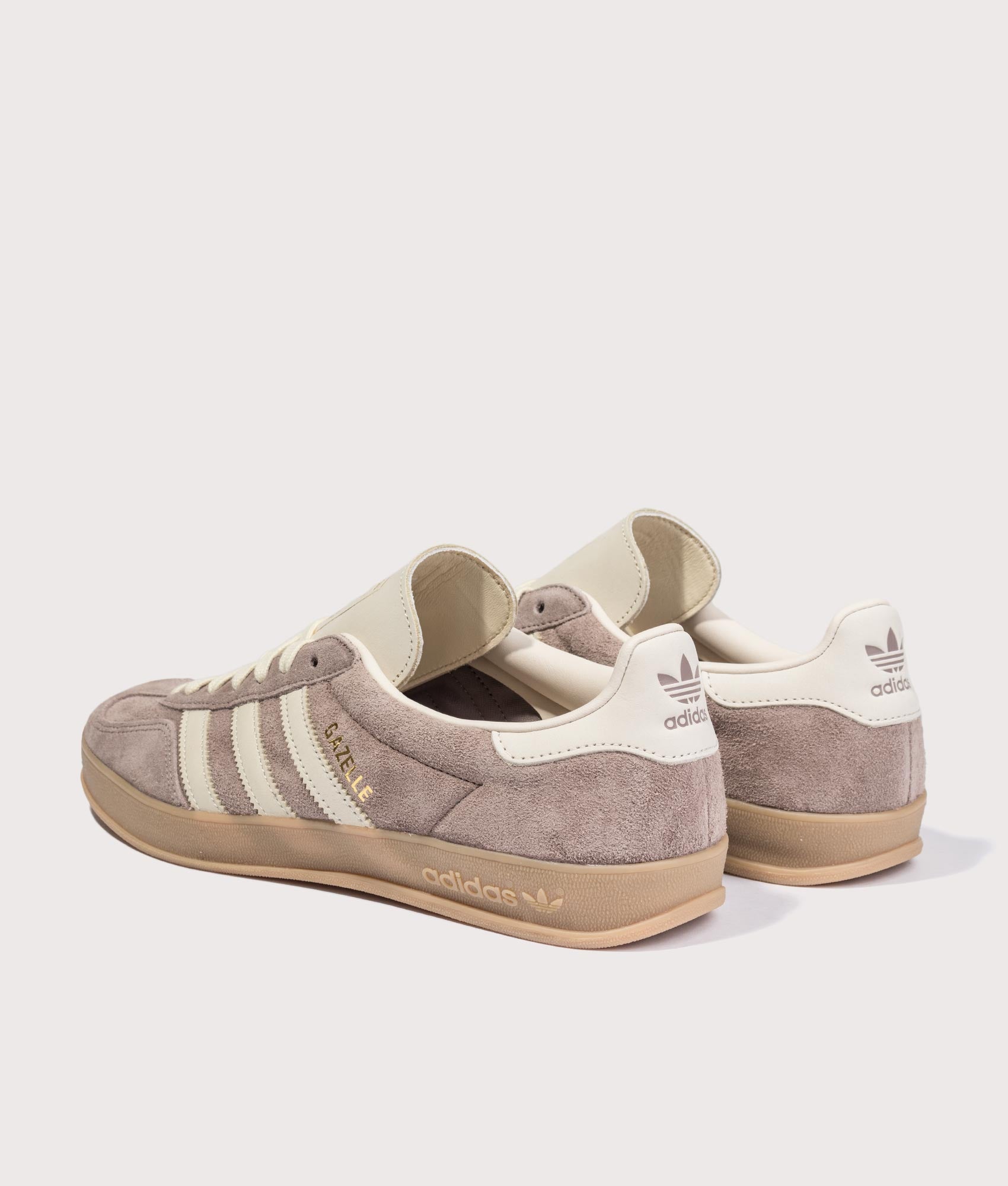 adidas Originals Gazelle Indoor Trainers in Trace Brown, Warm Vanilla and Gum4 at EQVVS Menswear. Angled back shot.