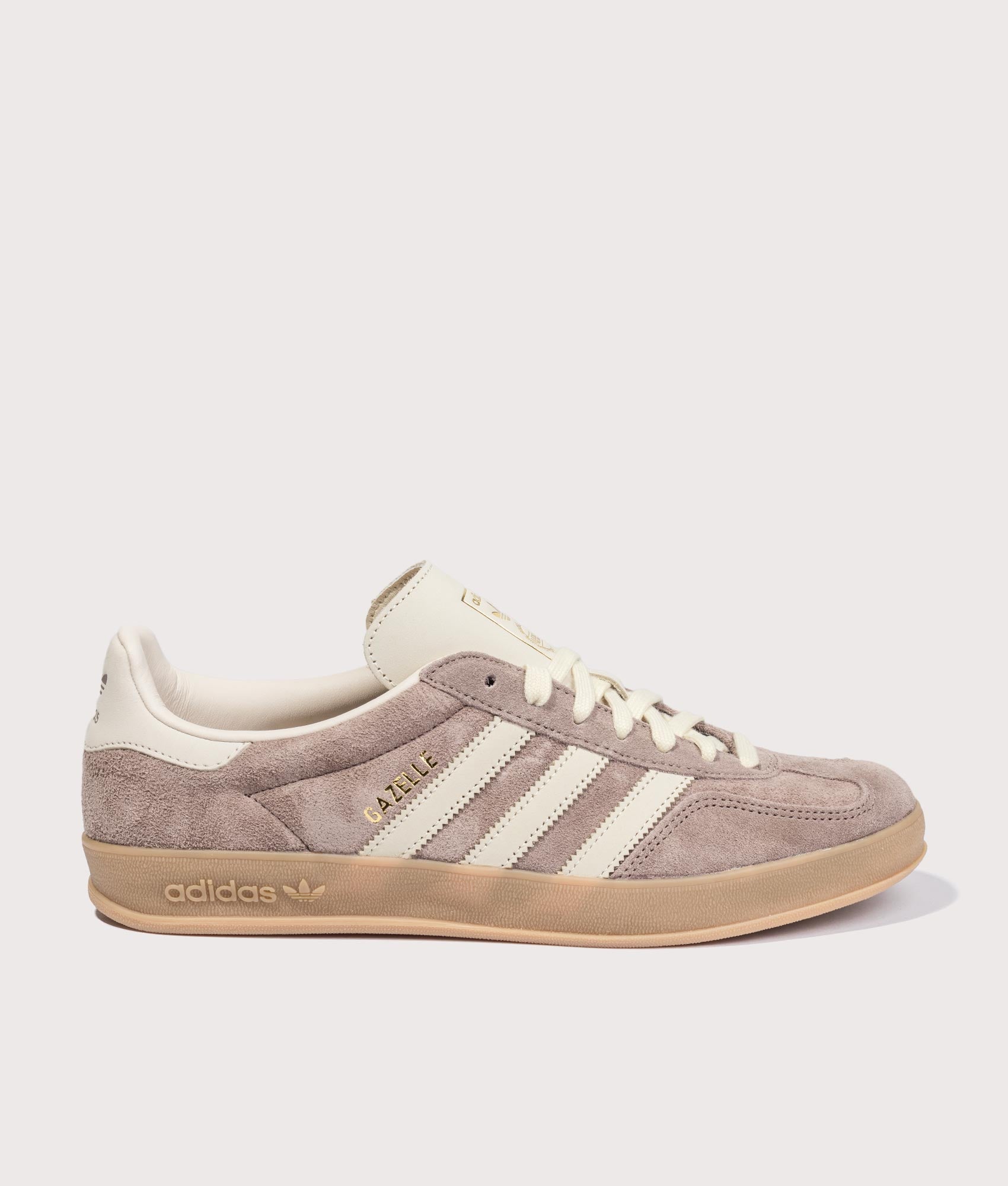 adidas Originals Gazelle Indoor Trainers in Trace Brown, Warm Vanilla and Gum4 at EQVVS Menswear. Side shot.
