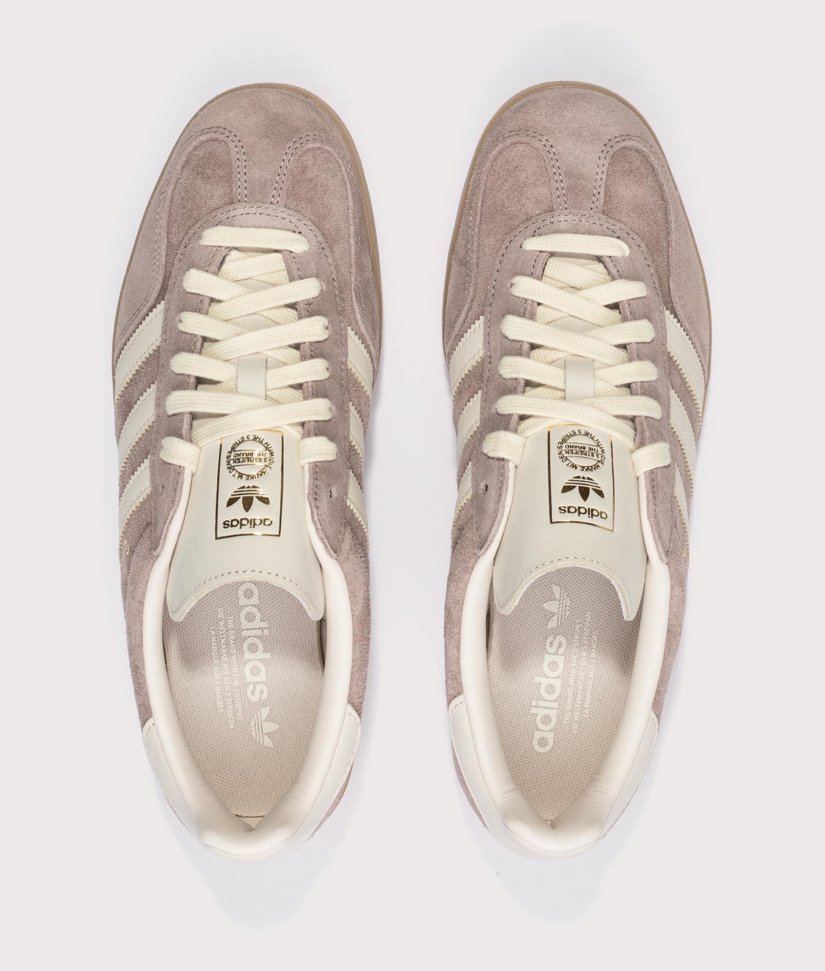 adidas Originals Gazelle Indoor Trainers in Trace Brown, Warm Vanilla and Gum4 at EQVVS Menswear. Top shot.