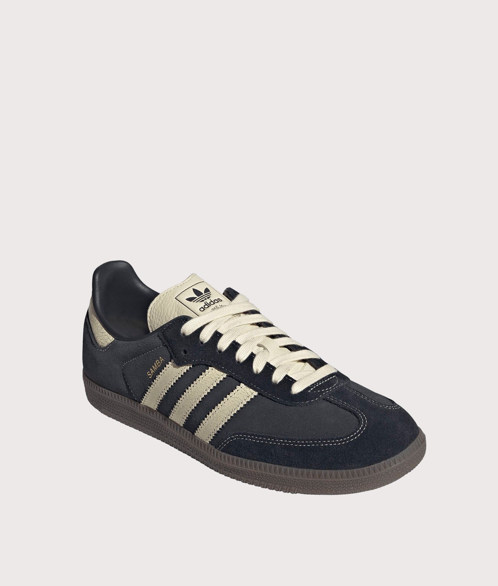 adidas Originals Samba OG Trainers in Carbon, Warm Vanilla, Gum 5 at EQVVS Menswear. Top shot.