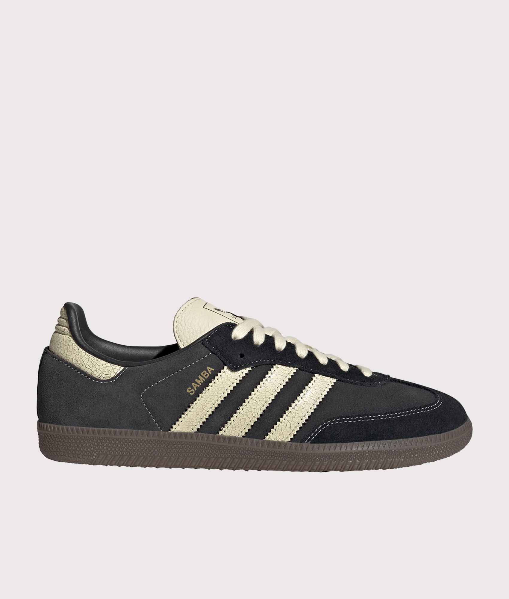 adidas Originals Samba OG Trainers in Carbon, Warm Vanilla, Gum 5 at EQVVS Menswear. Side shot.