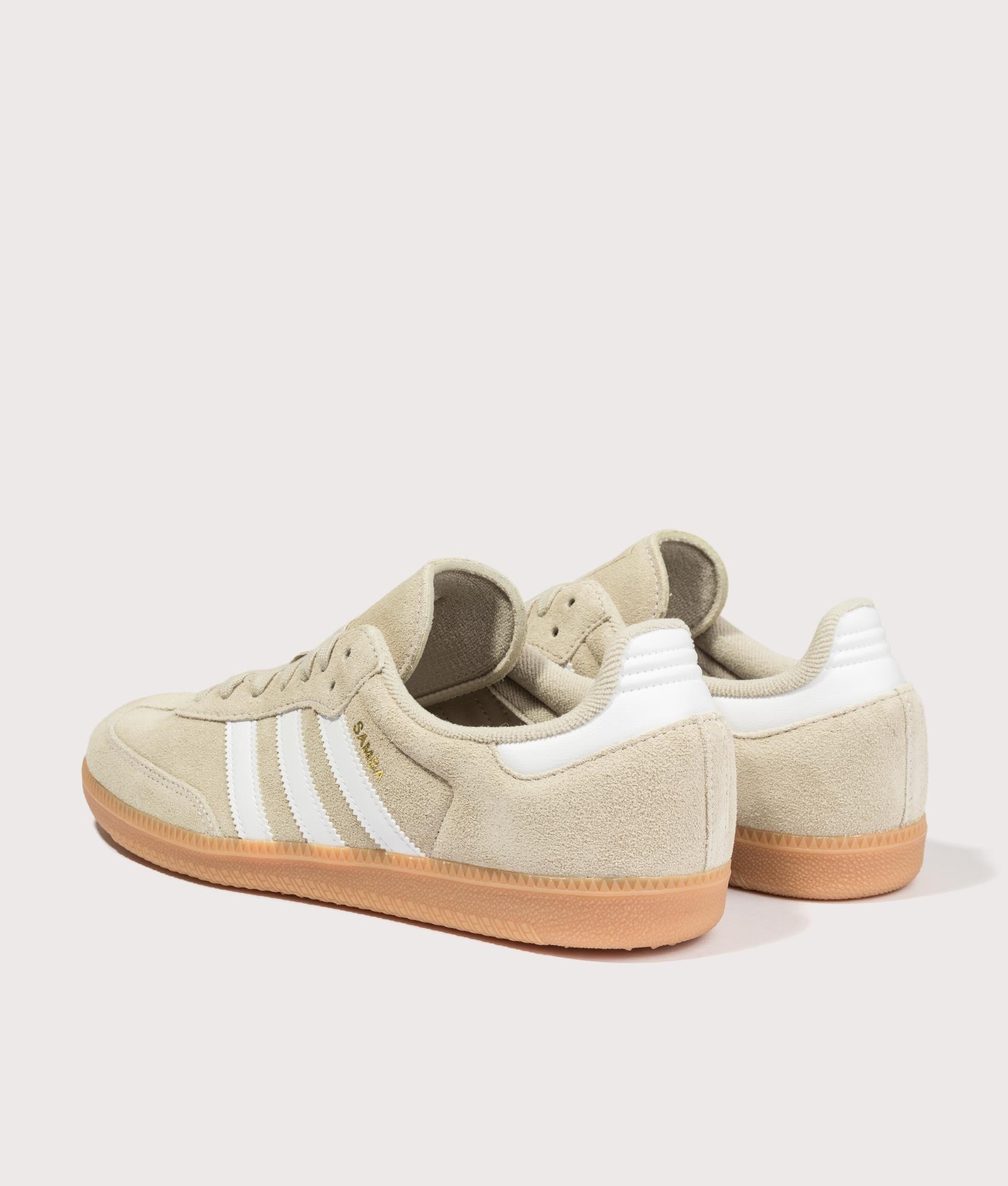  adidas Originals Samba OG Trainers in Khaki Three, Footwear White and Gum 2 at EQVVS Menswear. Angled back shot.