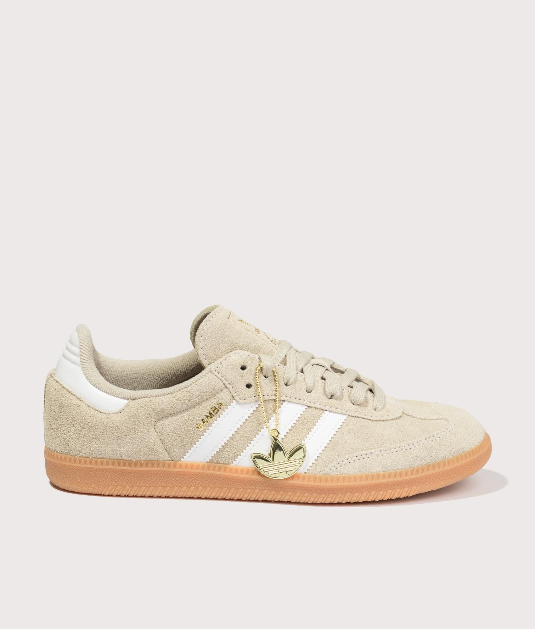 adidas Originals Samba OG Trainers in Khaki Three, Footwear White and Gum 2 at EQVVS Menswear. Side shot.