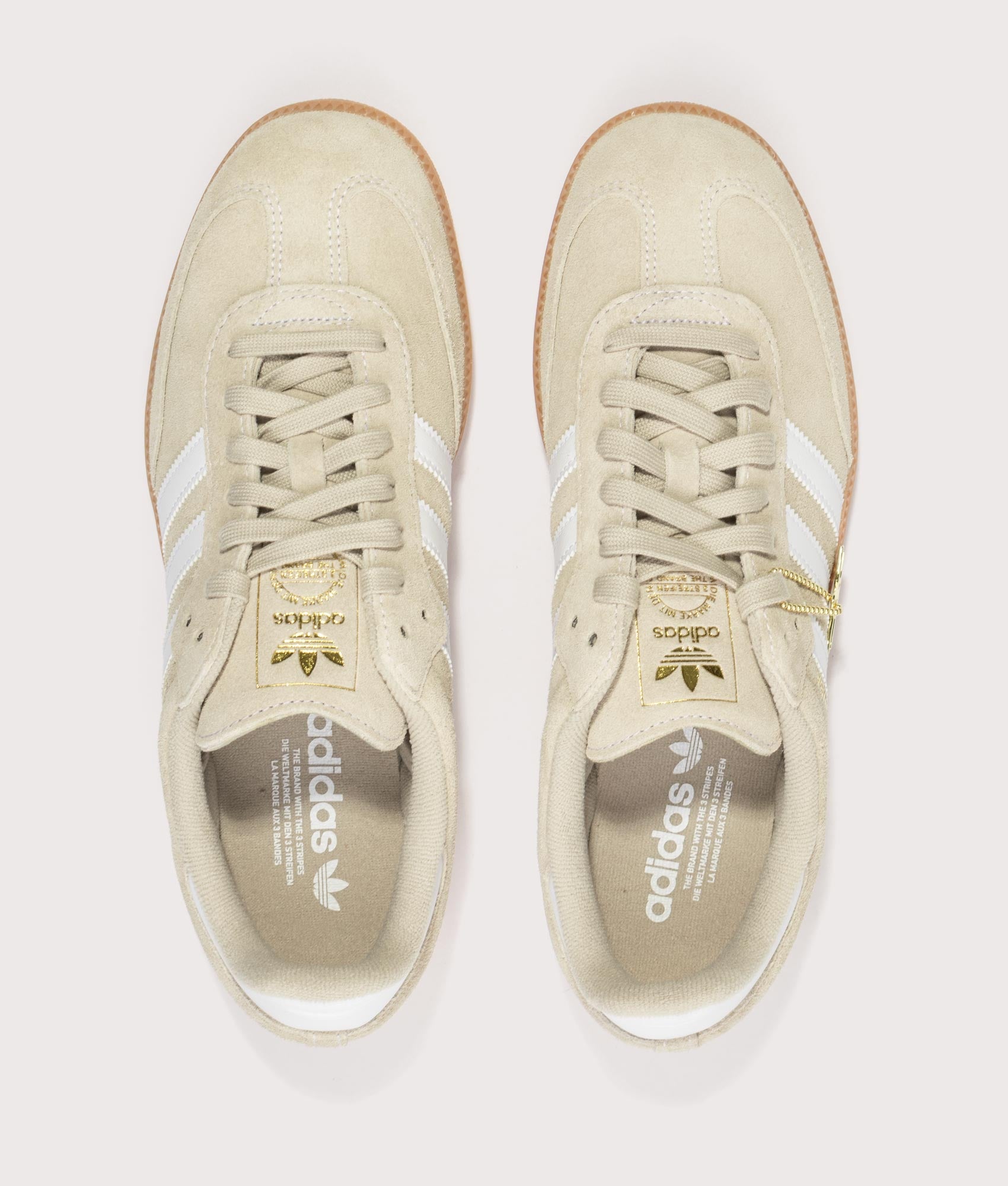 adidas Originals Samba OG Trainers in Khaki Three, Footwear White and Gum 2 at EQVVS Menswear. Top shot.