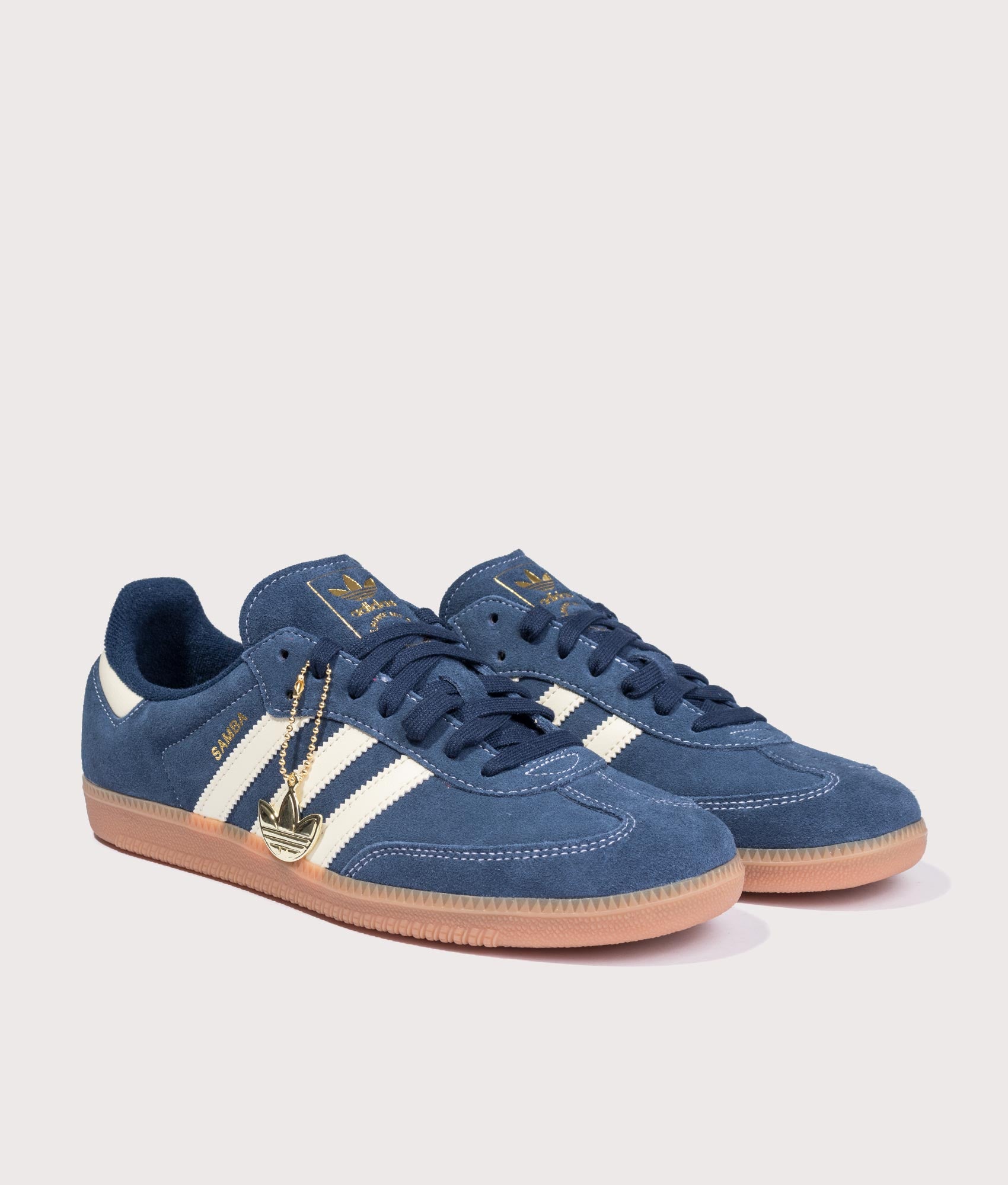 adidas Originals Samba OG Trainers in Night Indigo, Warm Vanilla and Gum 2 at EQVVS Menswear. Angled front shot.