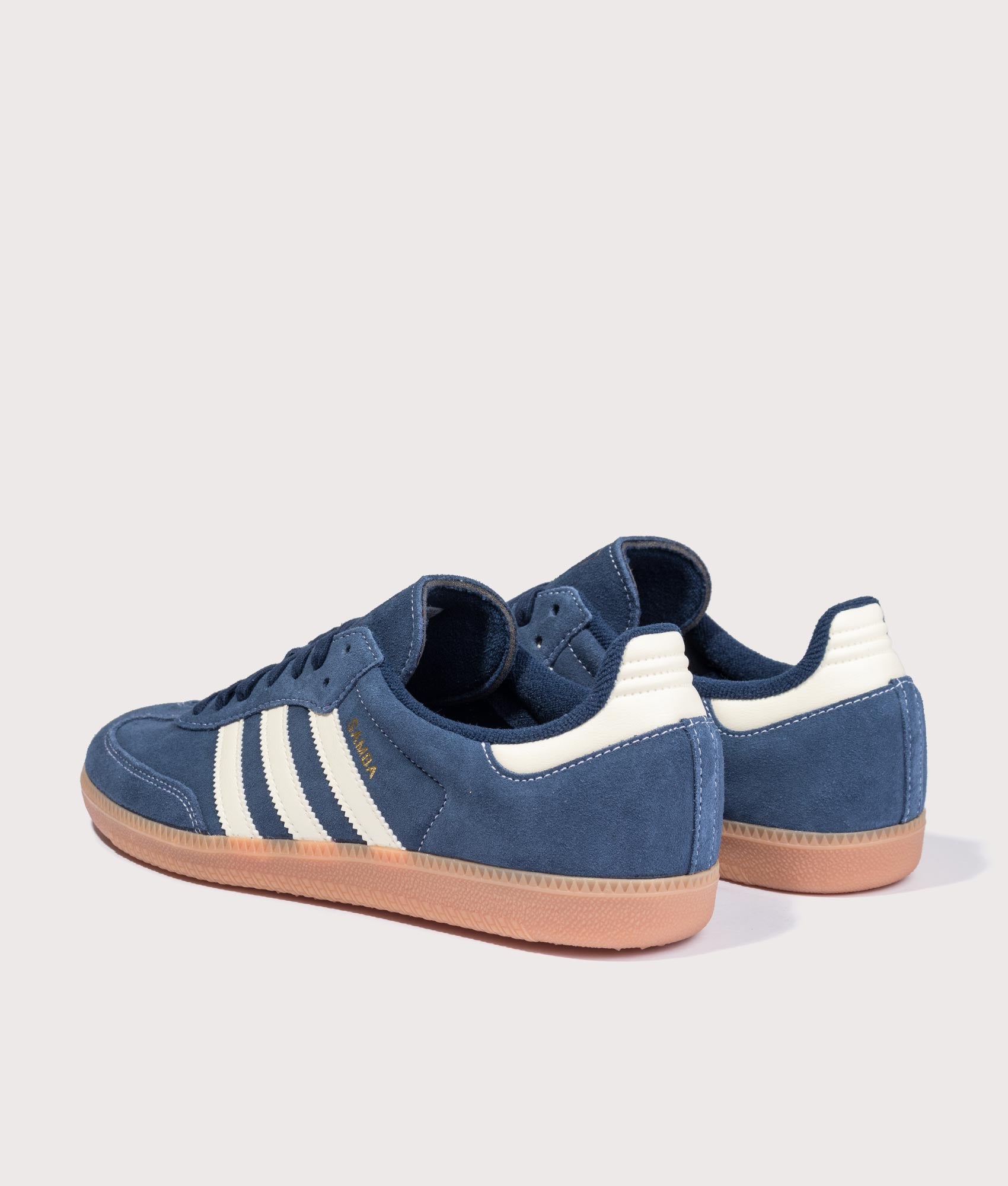 adidas Originals Samba OG Trainers in Night Indigo, Warm Vanilla and Gum 2 at EQVVS Menswear. Angled back shot.