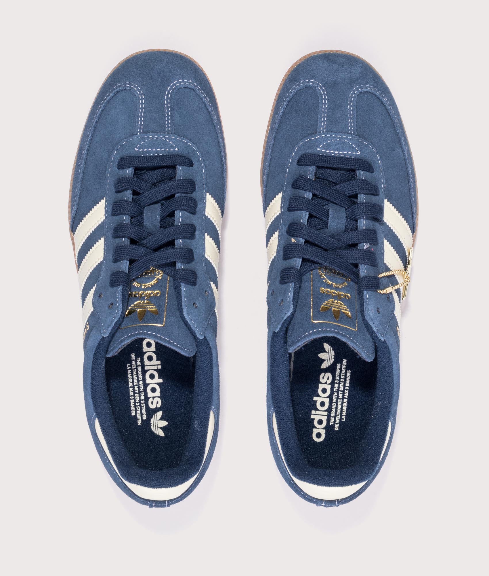 adidas Originals Samba OG Trainers in Night Indigo, Warm Vanilla and Gum 2 at EQVVS Menswear. Top shot.