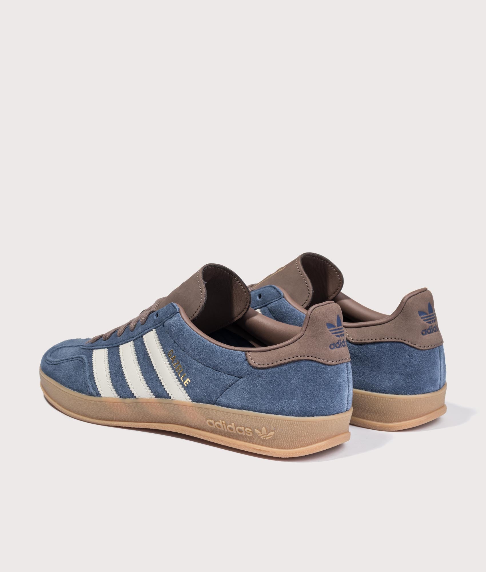adidas Originals Gazelle Indoor Trainers in Night Indigo, Off White and Earth Strata at EQVVS Menswear. Angled back shot.