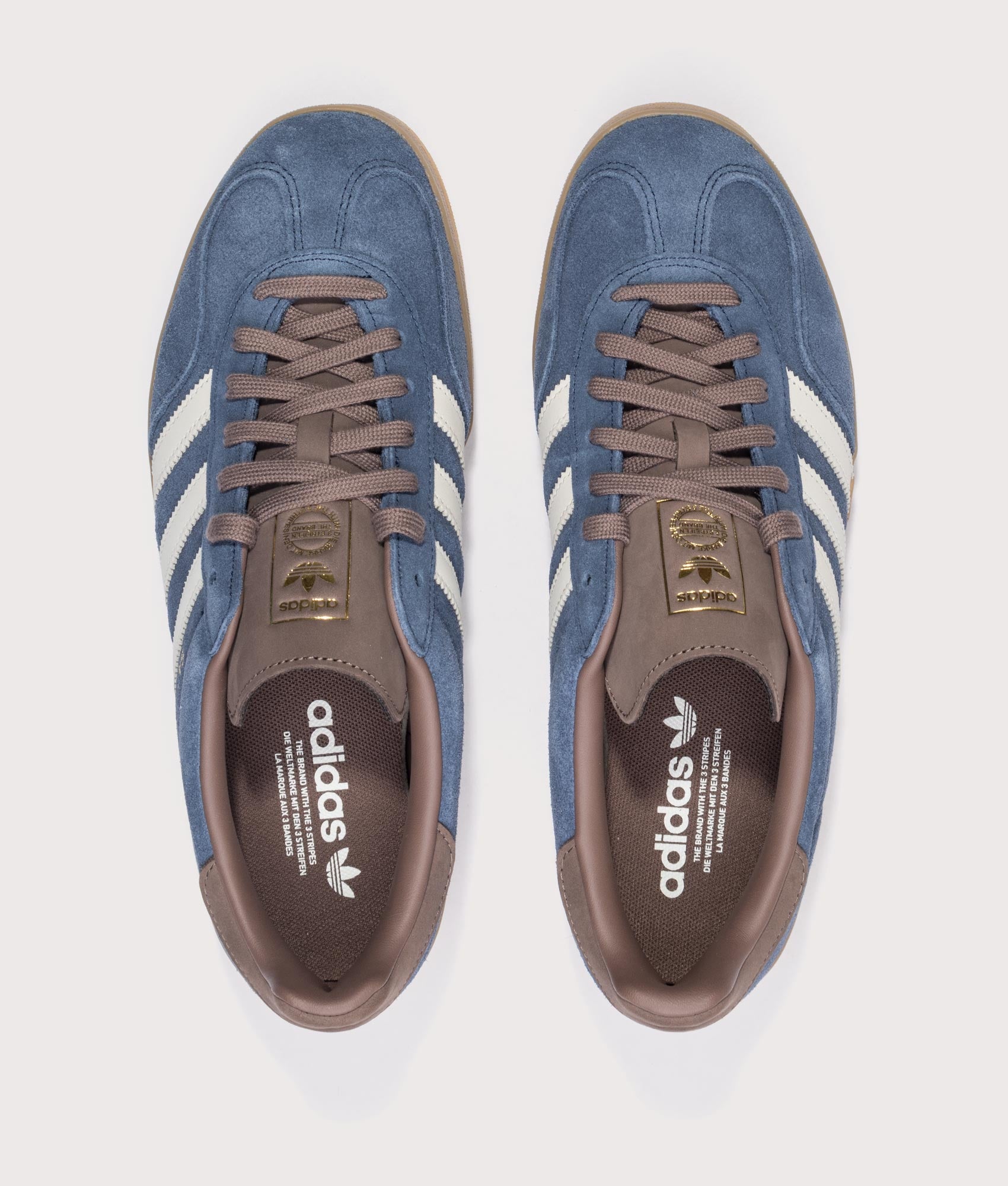 adidas Originals Gazelle Indoor Trainers in Night Indigo, Off White and Earth Strata at EQVVS Menswear. Top shot.