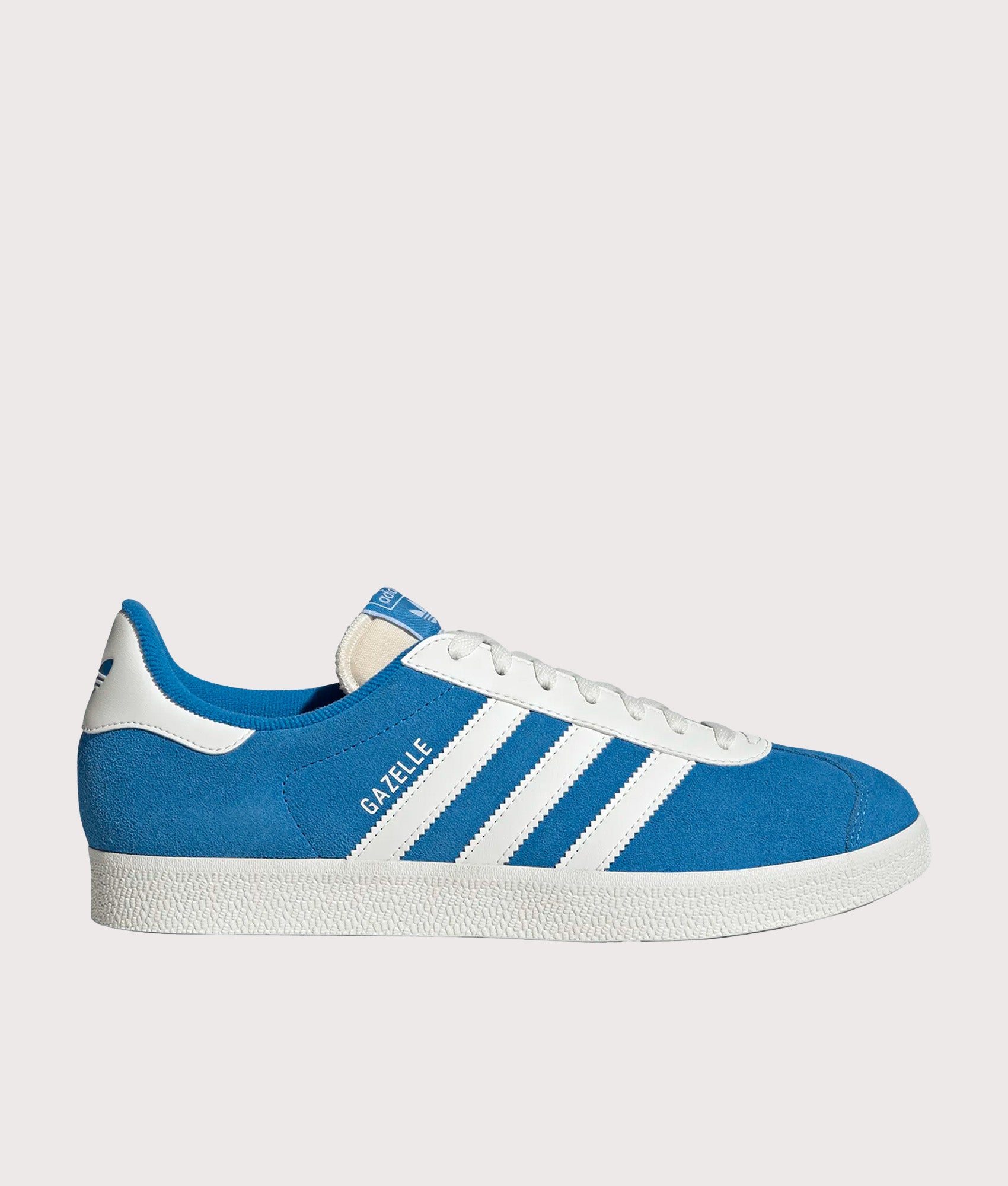 adidas Originals Gazelle Trainers in Bright Blue and Off White at EQVVS Menswear. Side detail shot.