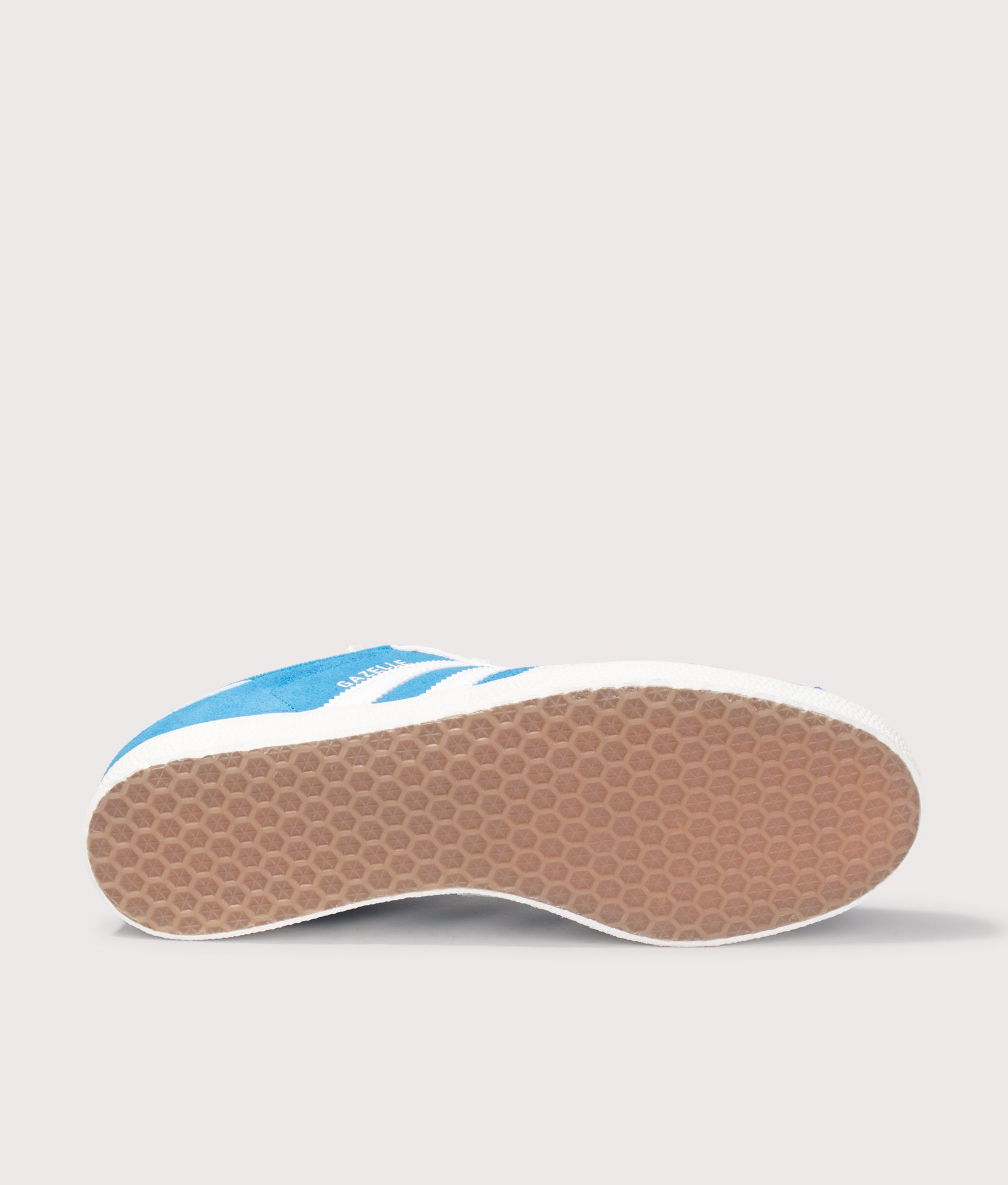 adidas Originals Gazelle Trainers in Bright Blue and Off White at EQVVS Menswear. Tread shot.