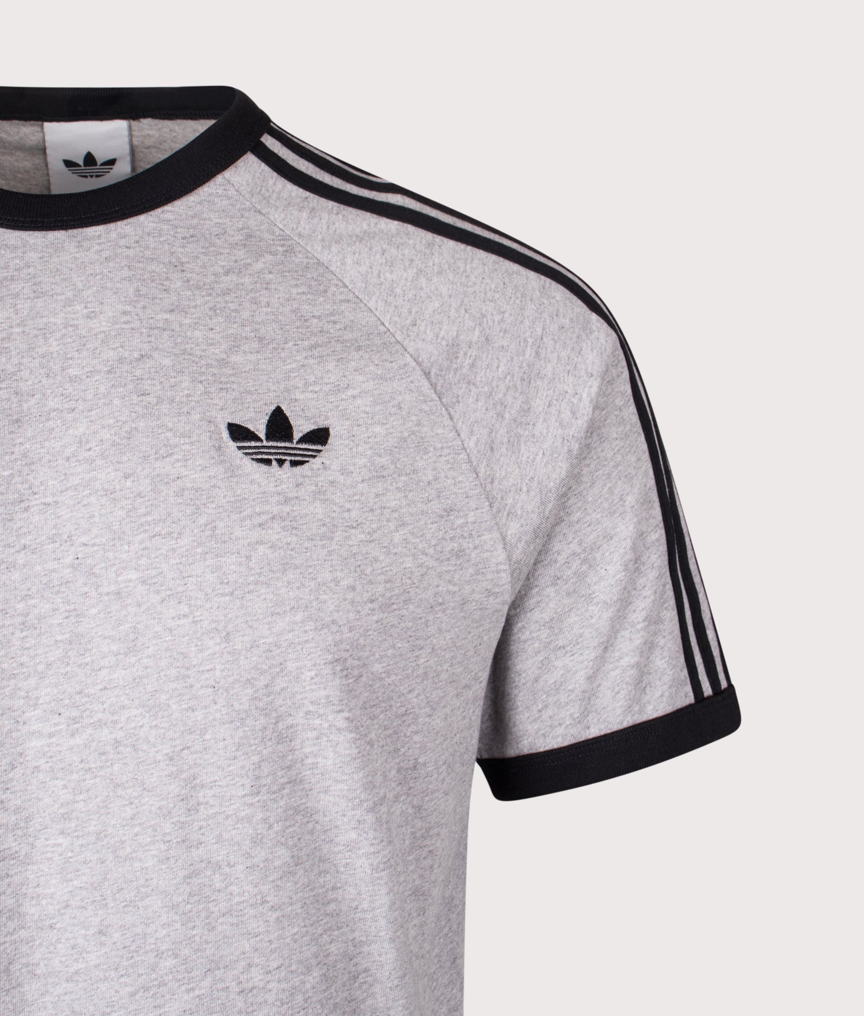 adidas Originals Adicolor Sport 3 Stripes T-Shirt in Medium Grey Heather at EQVVS Menswear. Detail shot.