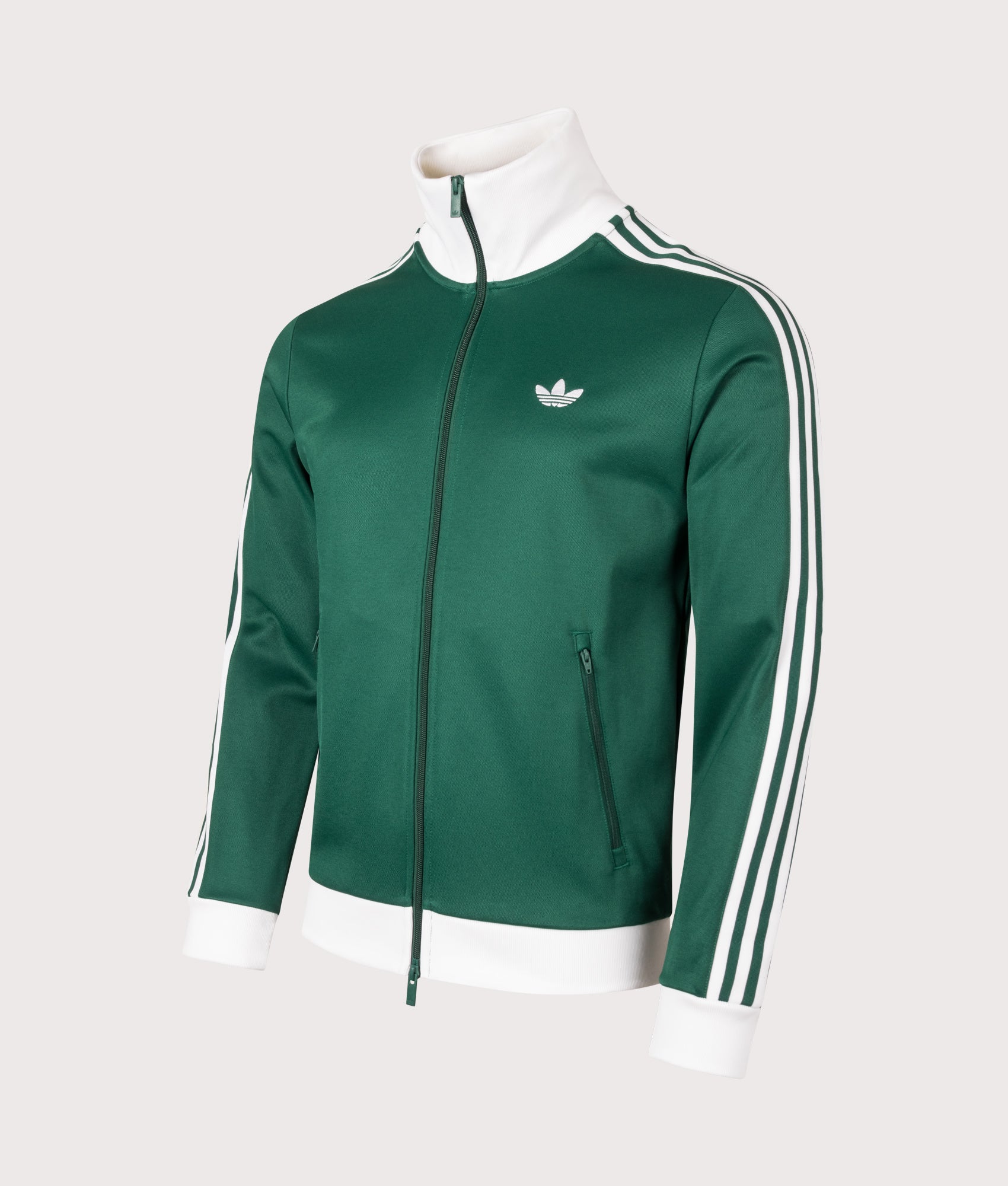 adidas Originals Beckenbauer Classic Track Top in Collegiate Green and White at EQVVS Menswear. Angled front shot.