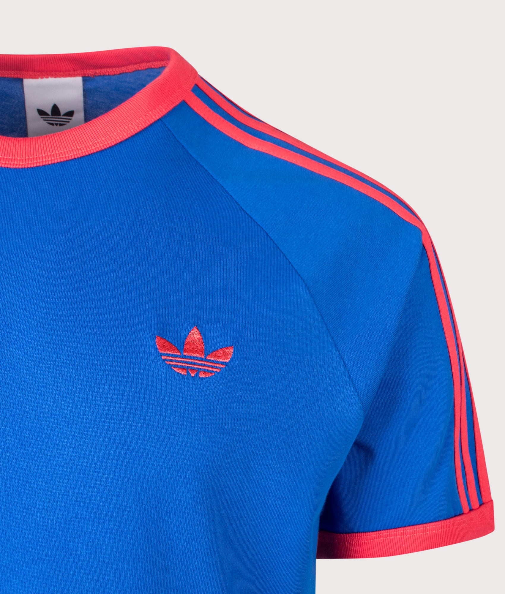 adidas Originals Adicolor Classics 3 Stripes T-Shirt in Blue at EQVVS Menswear. Detail shot.