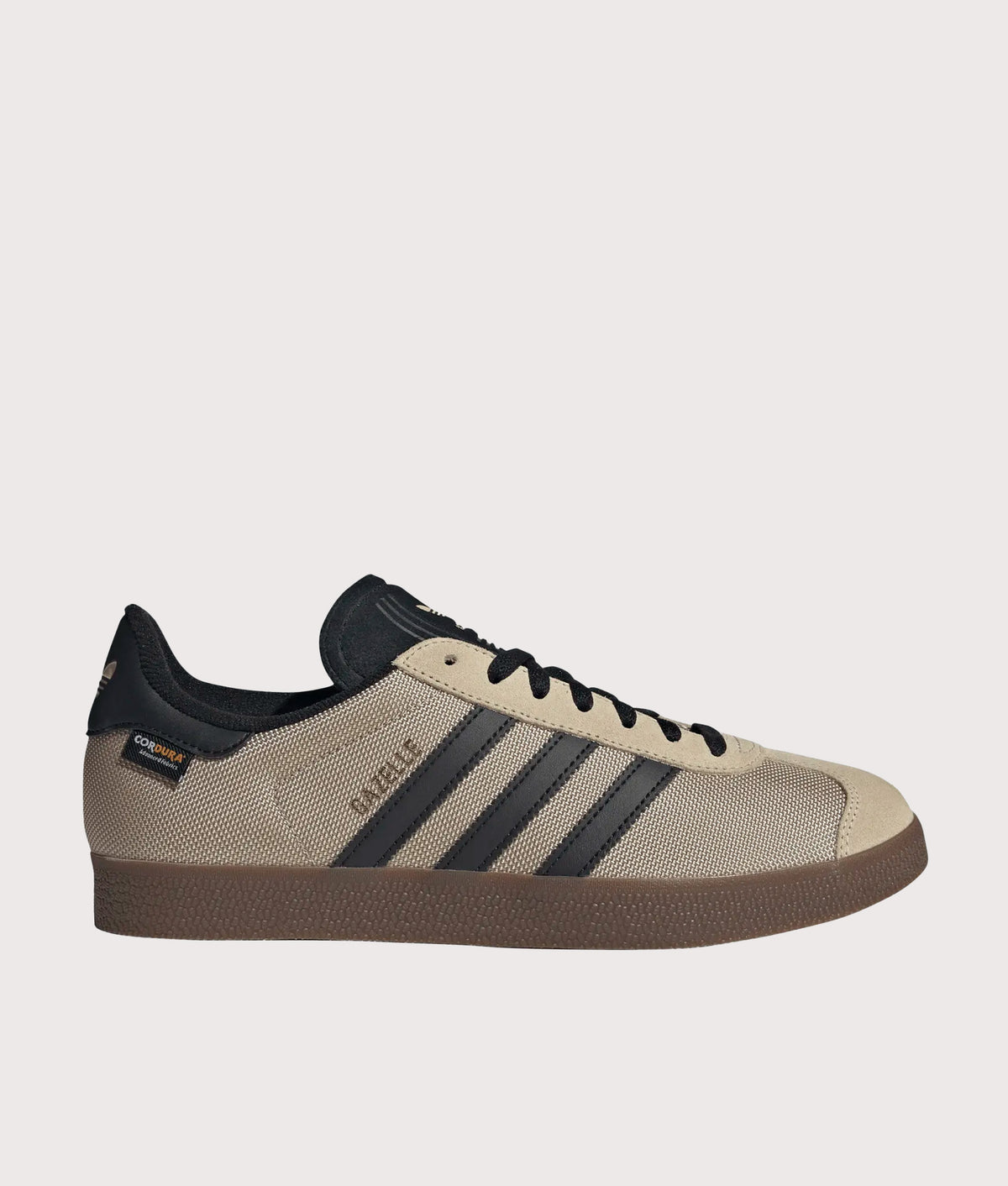 adidas Originals Cordura Gazelle Trainers in Khaki Three, Core Black and Gum 5 at EQVVS Menswear. Side shot.