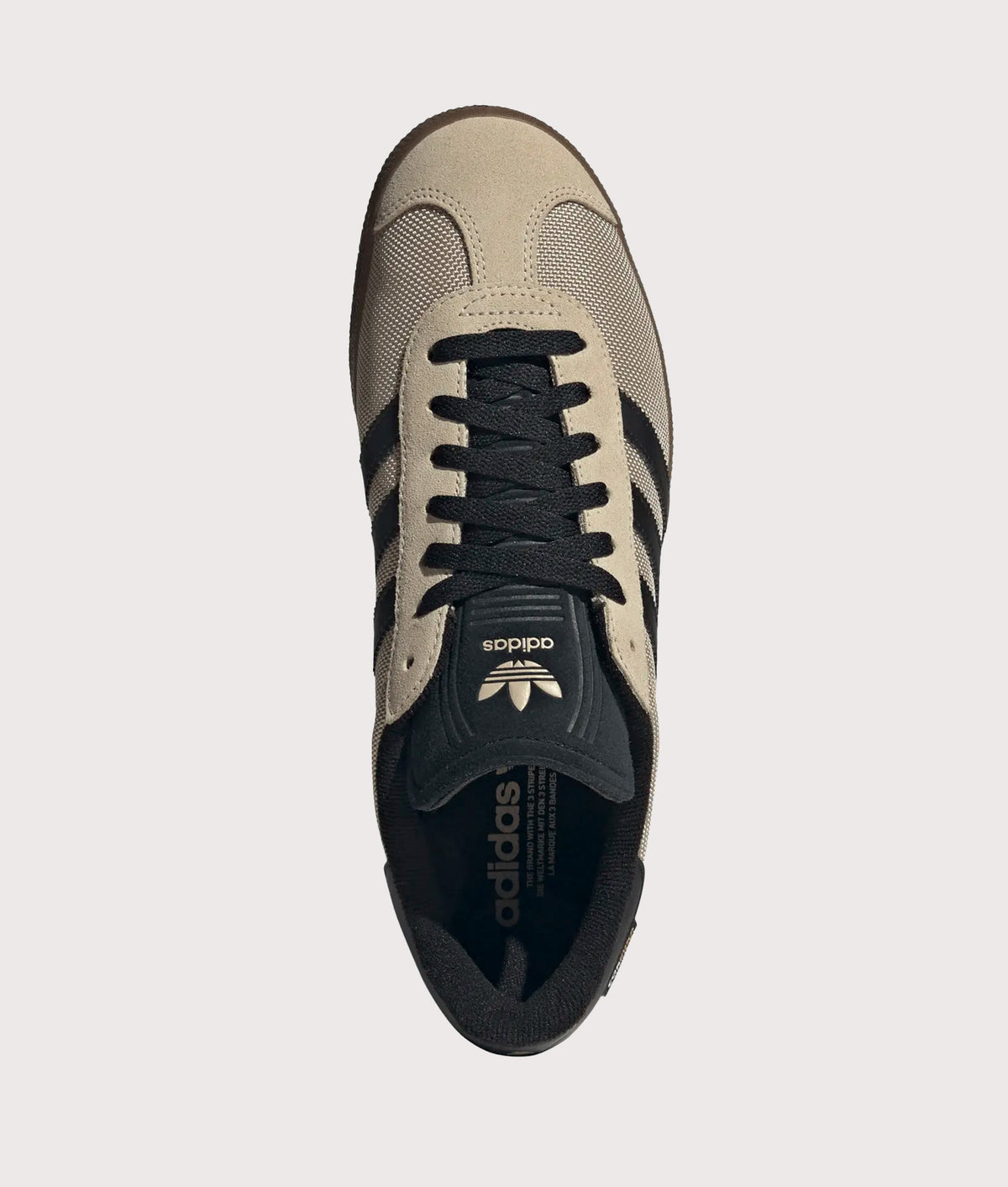 adidas Originals Cordura Gazelle Trainers in Khaki Three, Core Black and Gum 5 at EQVVS Menswear. Top shot.