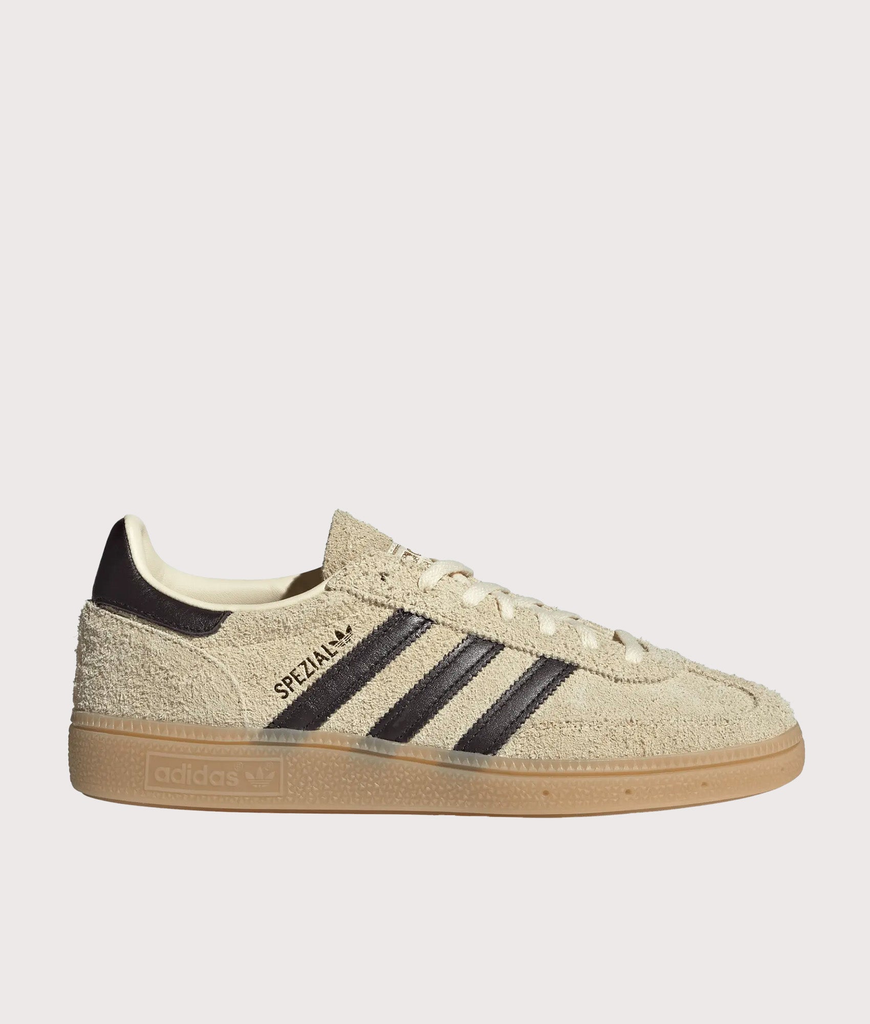 adidas Originals Handball Spezial Trainers in Warm Vanilla, Aurora Coffee and Gold Metallic at EQVVS Menswear. Side shot.
