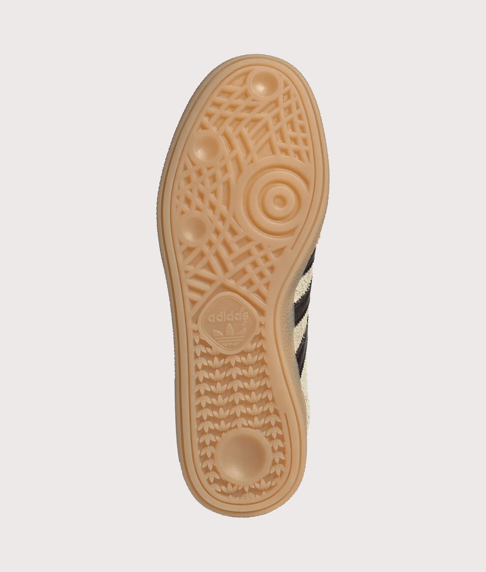 adidas Originals Handball Spezial Trainers in Warm Vanilla, Aurora Coffee and Gold Metallic at EQVVS Menswear. Tread shot.