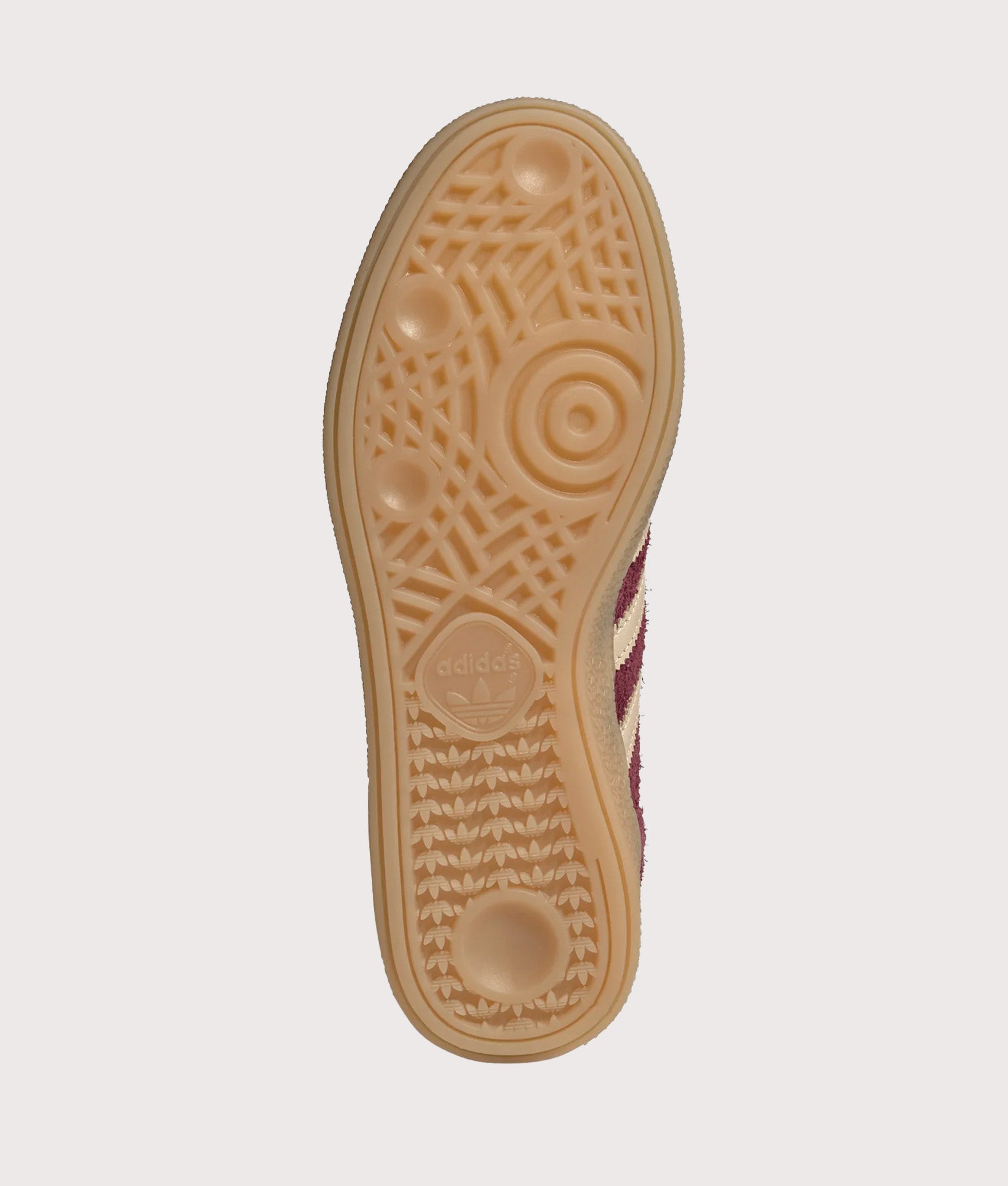 adidas Originals Handball Spezial Trainers in Maroon, Warm Vanilla and Gold Metallic at EQVVS Menswear. Tread shot.