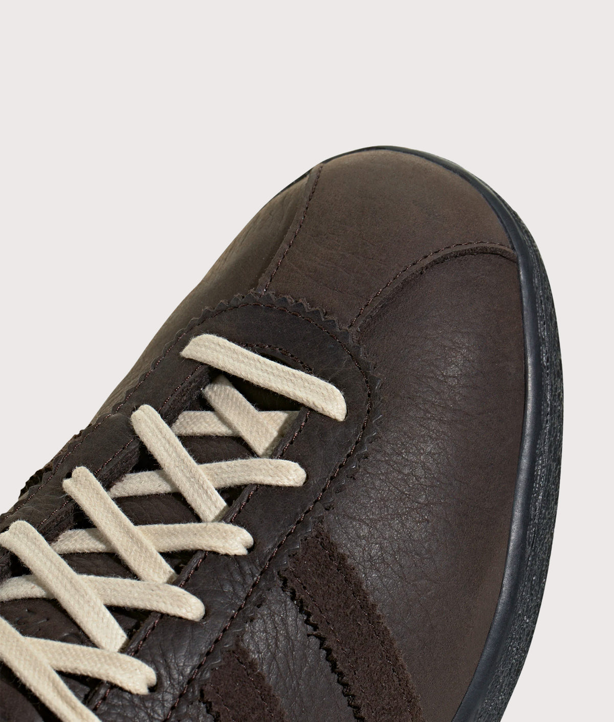 adidas Original Tobacco Trainers in Dark Brown, Aurora Coffee and Core Black at EQVVS Menswear. Detail shot.