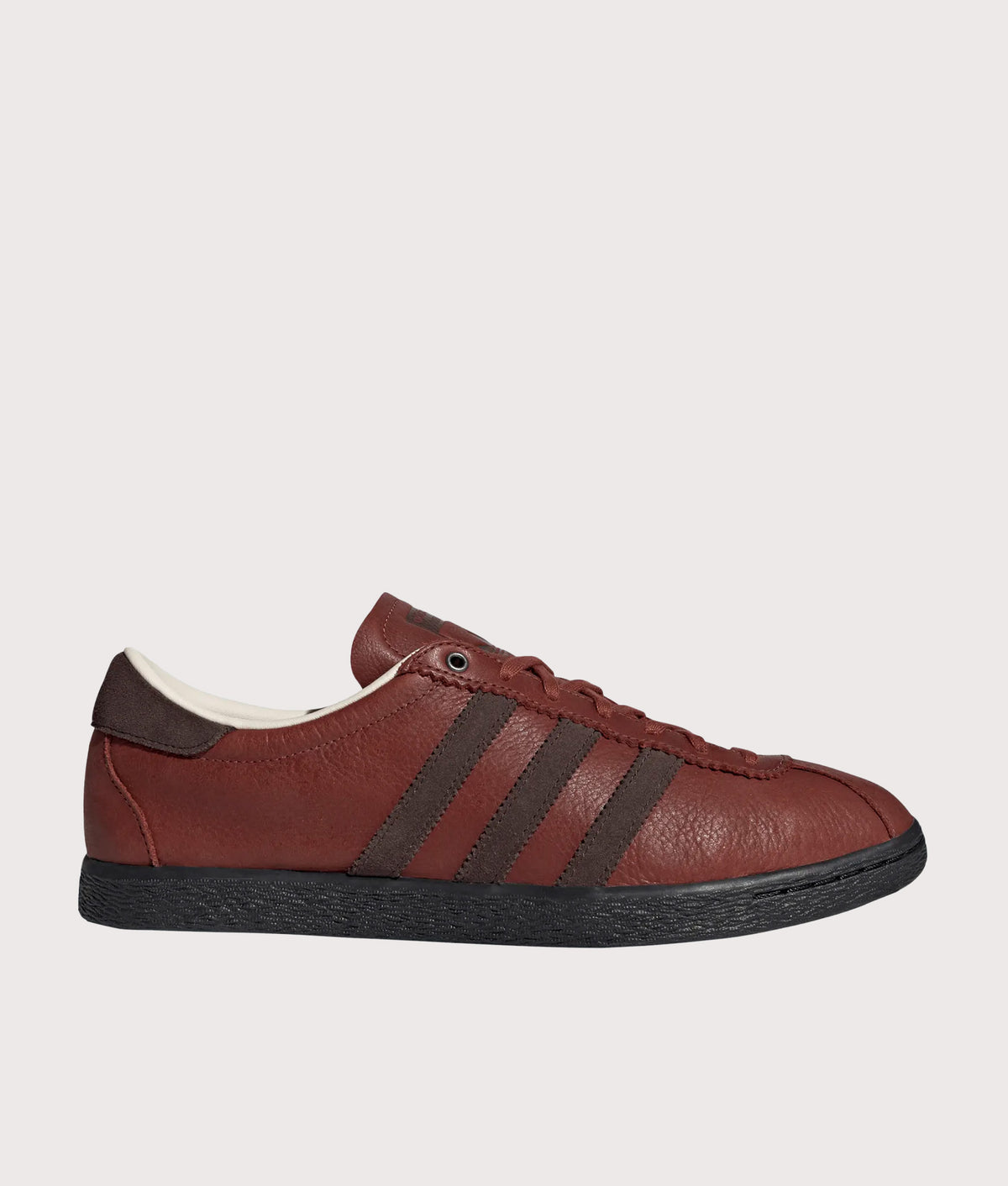  adidas Original Tobacco Trainers in Burnt Sienna, Dark Brown and Core Black at EQVVS Menswear. Side shot.