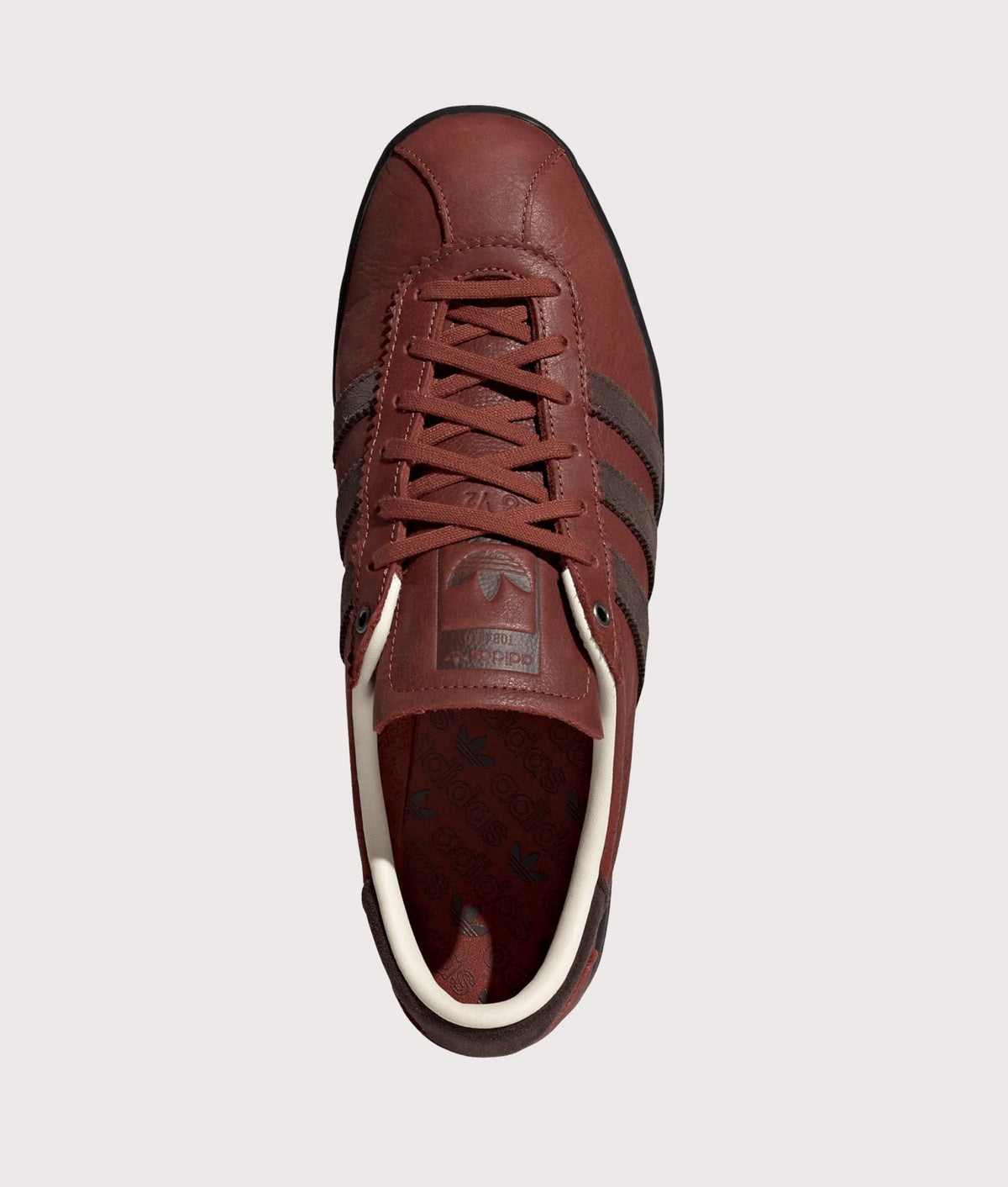  adidas Original Tobacco Trainers in Burnt Sienna, Dark Brown and Core Black at EQVVS Menswear. Top shot.