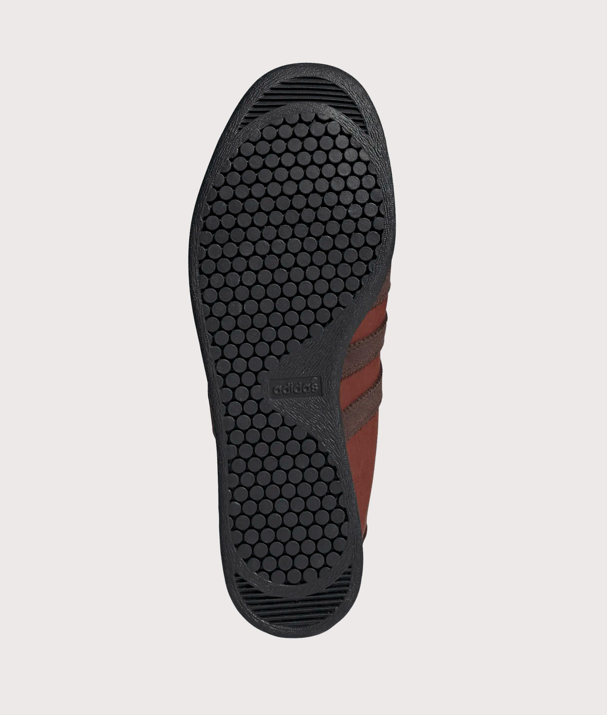 adidas Original Tobacco Trainers in Burnt Sienna, Dark Brown and Core Black at EQVVS Menswear. Tread shot.