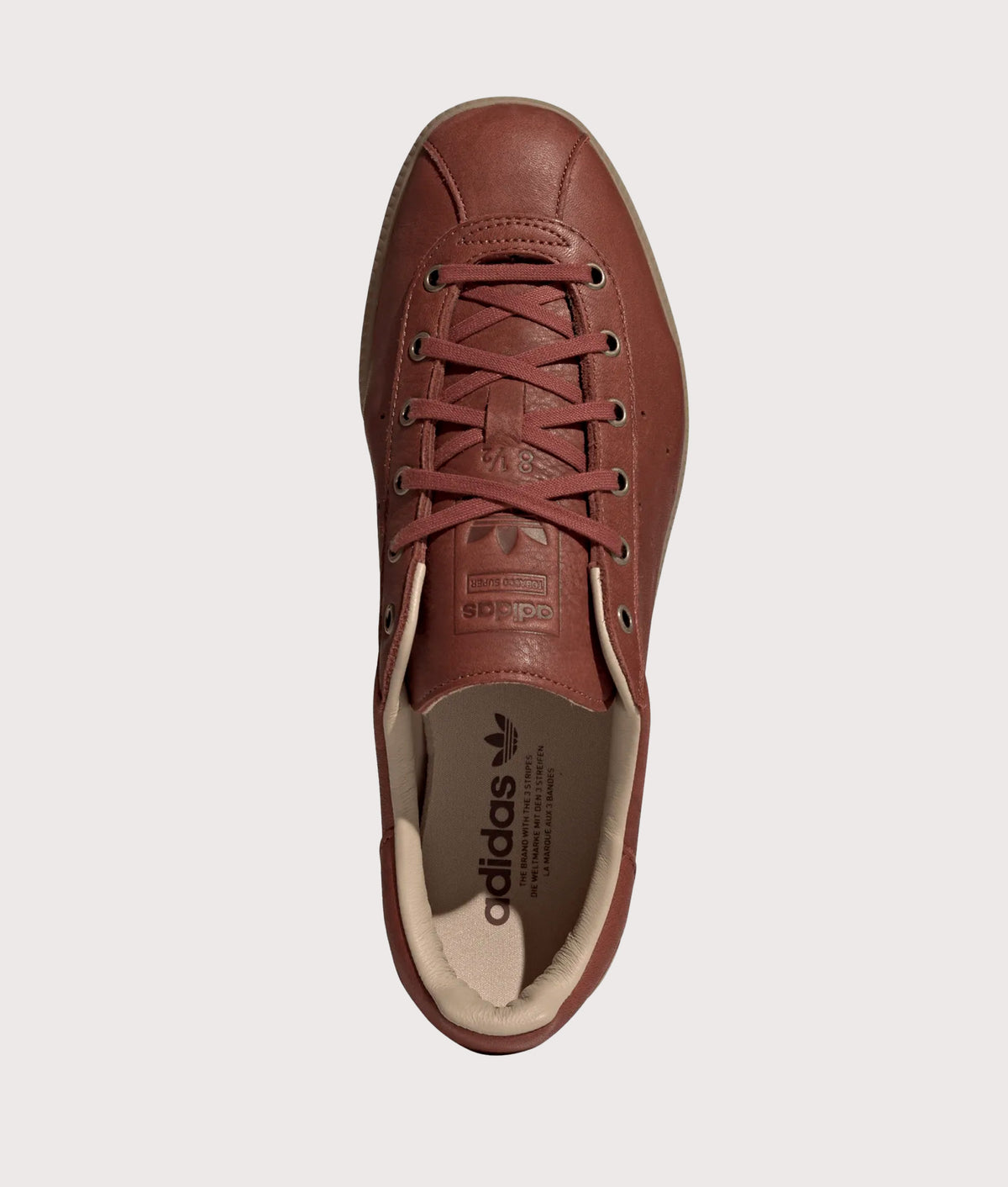 adidas Originals Tobacco Super Trainers in Fox Brown and Gum 4 at EQVVS Menswear. Top shot.