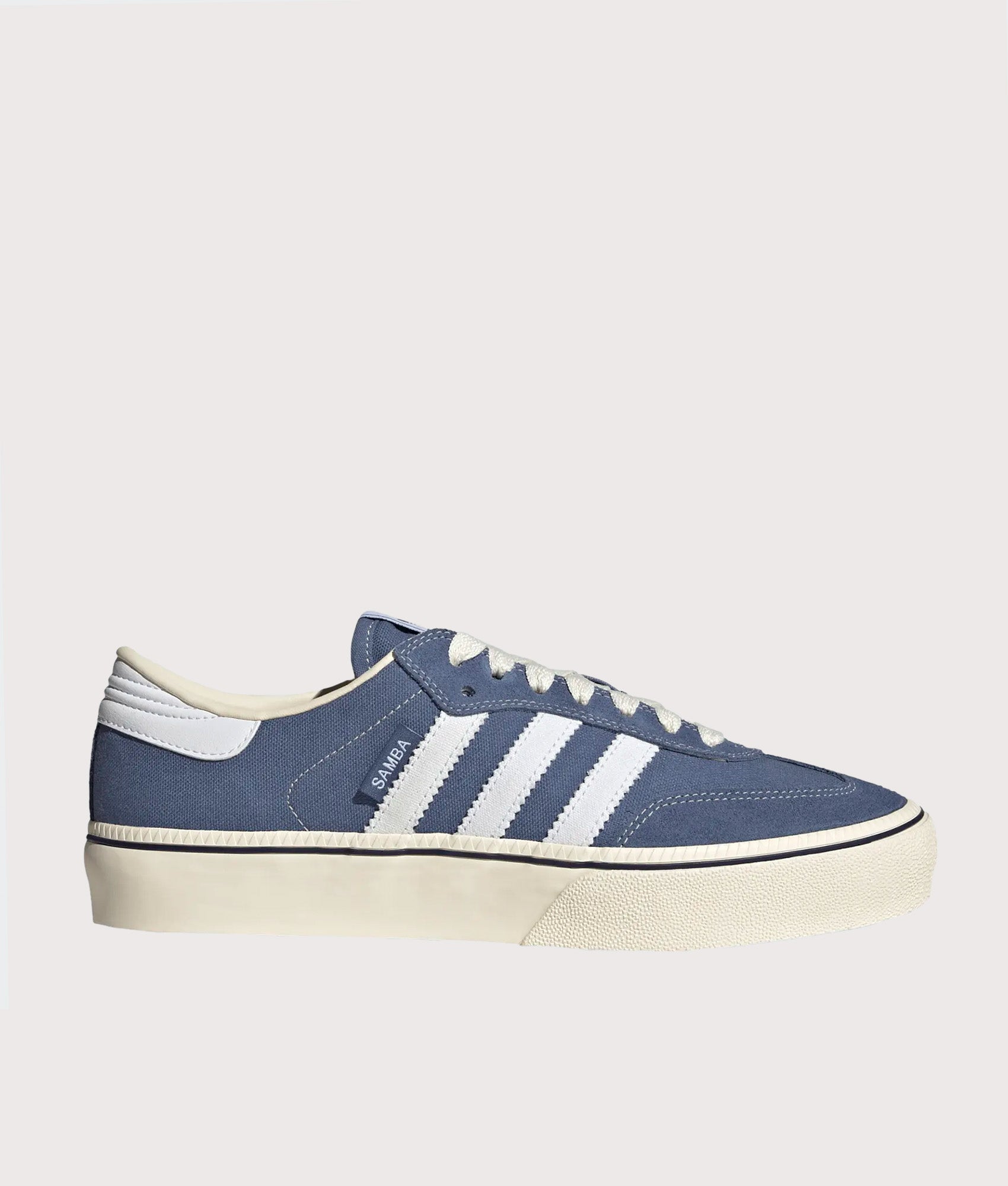 adidas Originals Samba ST Trainers in Crew Blue, Footwear White and Crew White at EQVVS Menswear. Side shot.