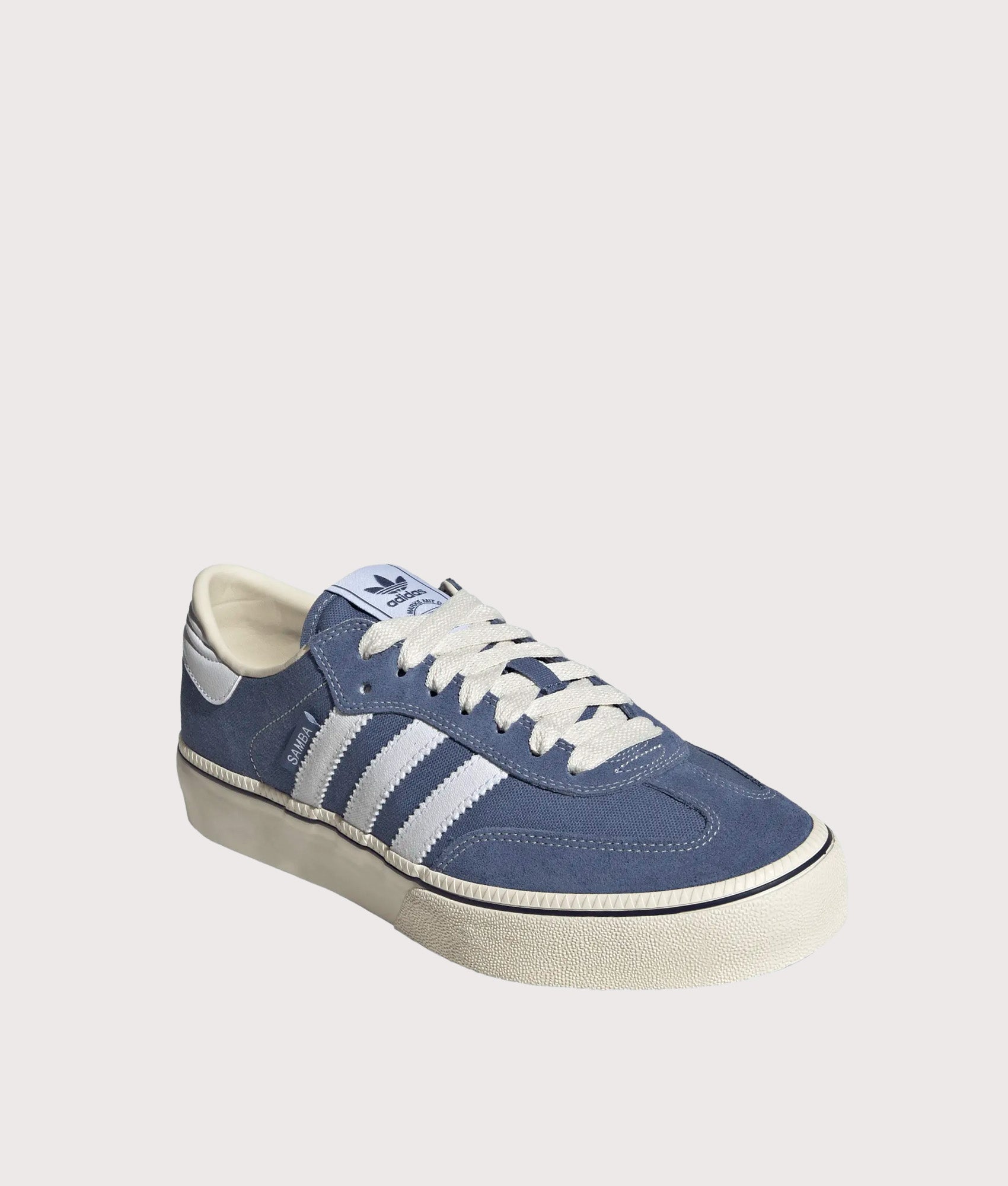 adidas Originals Samba ST Trainers in Crew Blue, Footwear White and Crew White at EQVVS Menswear. Angled front shot.