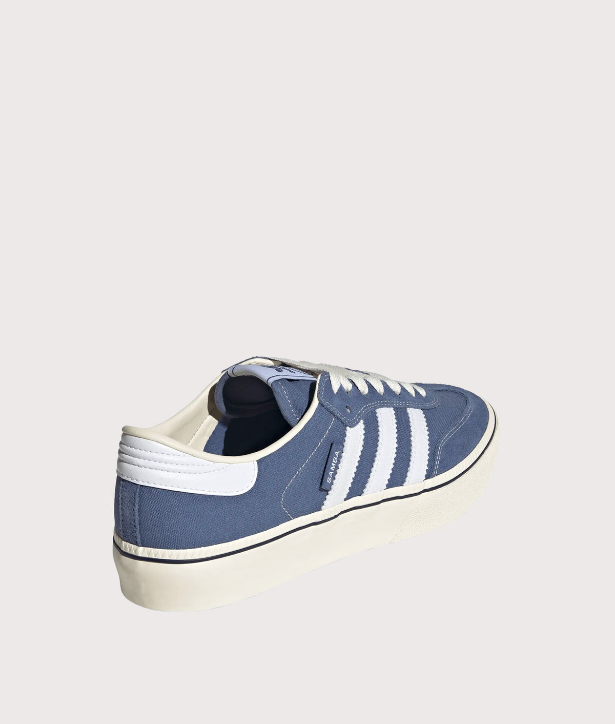 adidas Originals Samba ST Trainers in Crew Blue, Footwear White and Crew White at EQVVS Menswear. Angled back shot.