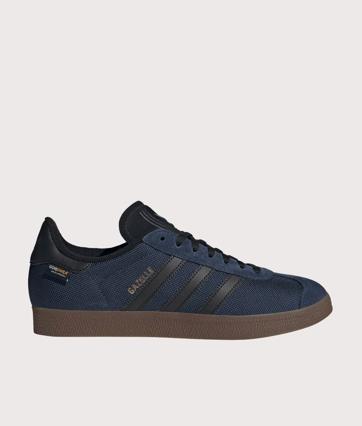 adidas Originals Cordura Gazelle Trainers in Night Indigo, Core Black and Gum 5 at EQVVS Menswear. Side shot.
