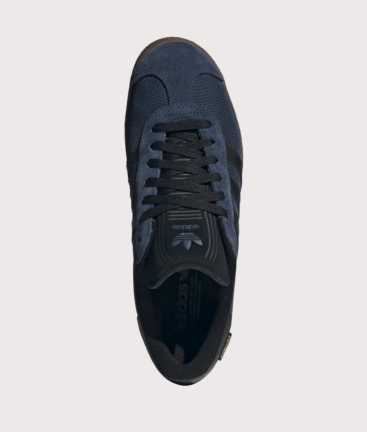 adidas Originals Cordura Gazelle Trainers in Night Indigo, Core Black and Gum 5 at EQVVS Menswear. Top shot.