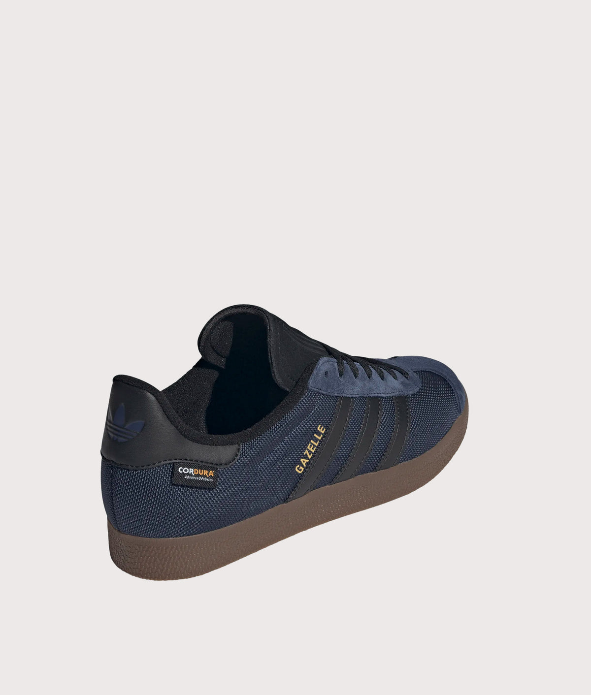 adidas Originals Cordura Gazelle Trainers in Night Indigo, Core Black and Gum 5 at EQVVS Menswear. Back shot.