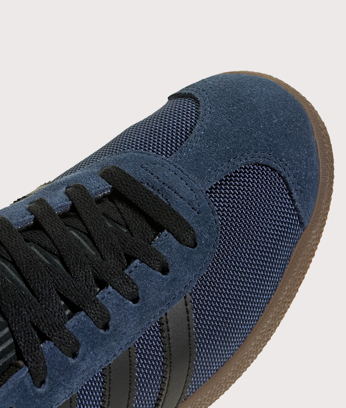 adidas Originals Cordura Gazelle Trainers in Night Indigo, Core Black and Gum 5 at EQVVS Menswear. Detail shot.