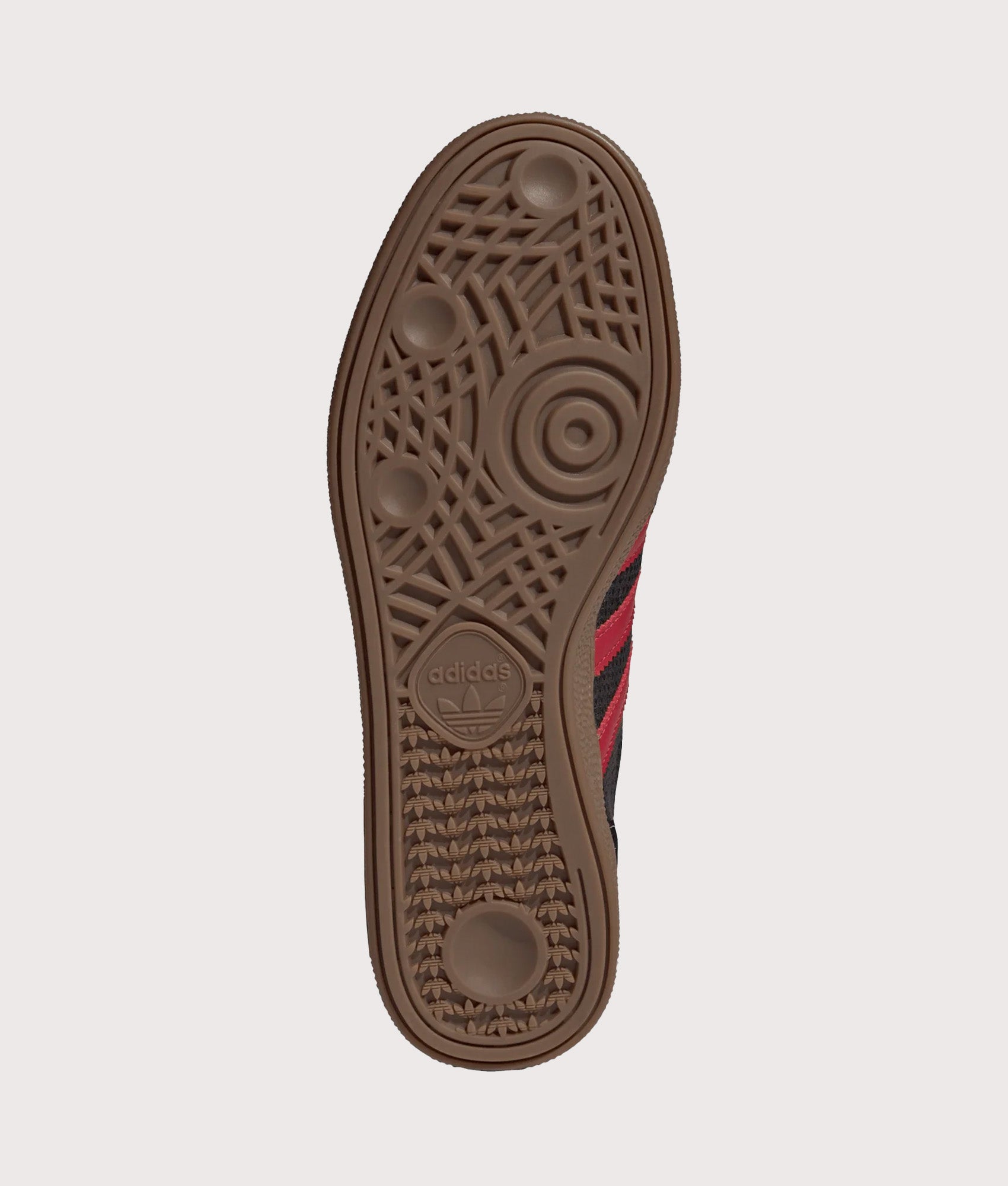 adidas Originals Handball Spezial Trainers in Core Black, Team Victory Red and Gum5 at EQVVS Menswear. Tread shot.