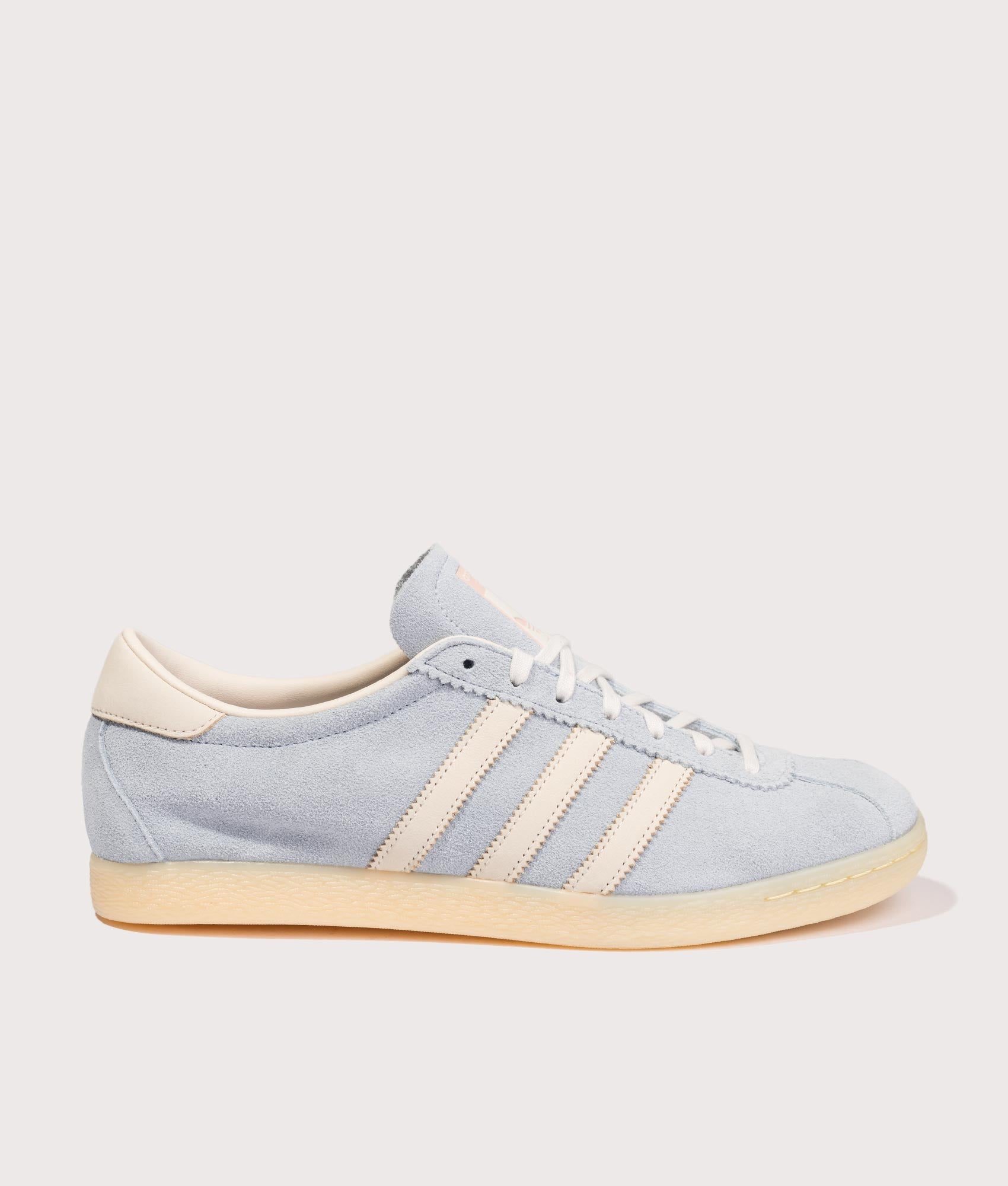 adidas Original Tobacco Trainers in Clear Sky, Chalk White and Almost Yellow at EQVVS Menswear. Side shot.