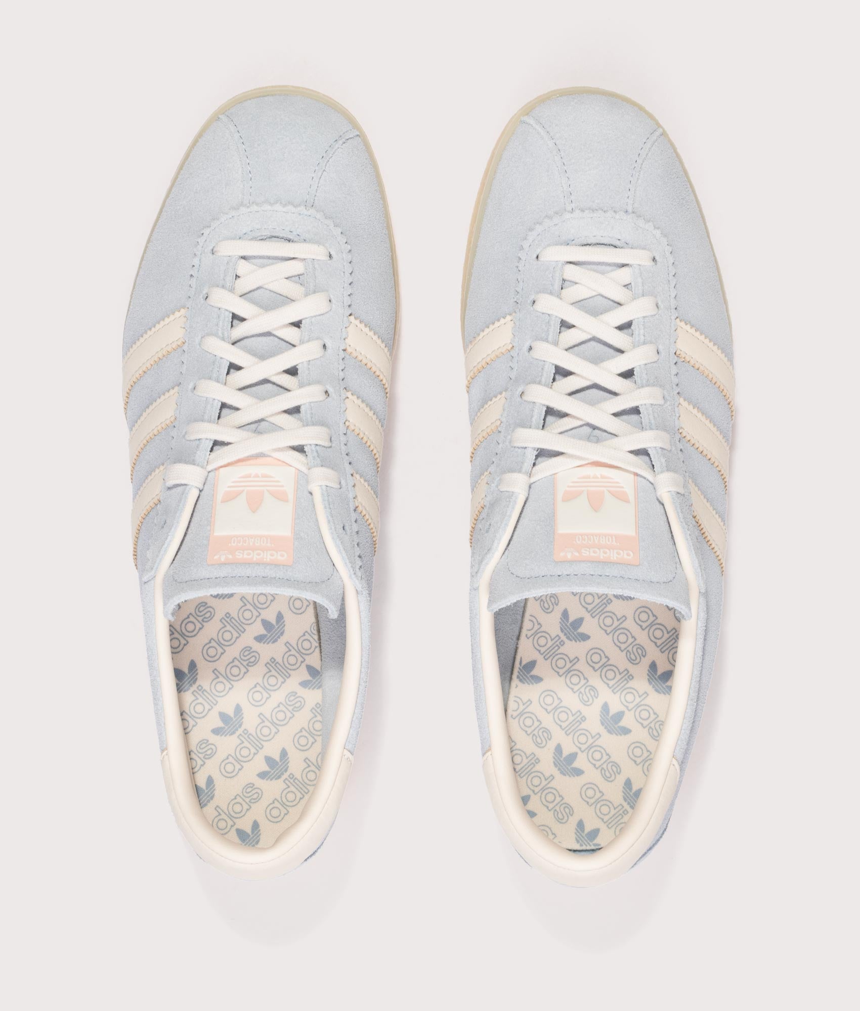 adidas Original Tobacco Trainers in Clear Sky, Chalk White and Almost Yellow at EQVVS Menswear. Top shot.