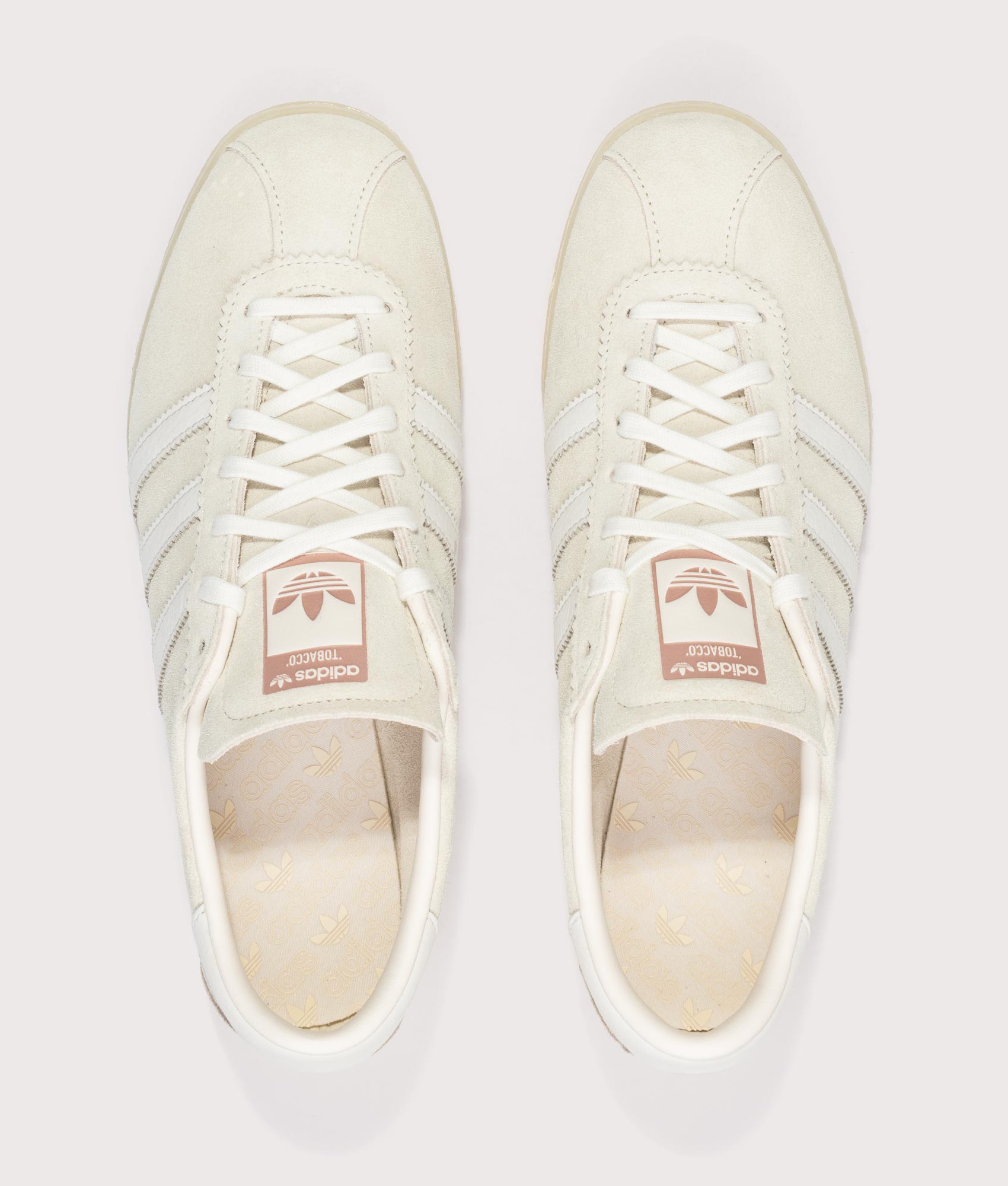 adidas Original Tobacco Trainers in Warm Vanilla, Off White and Almost Yellow at EQVVS Menswear. Top shot.