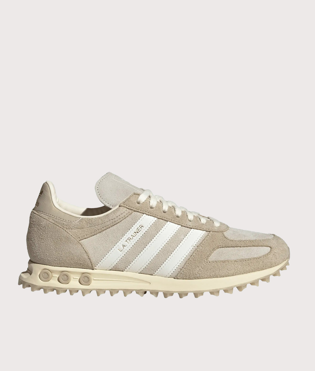adidas Originals LA Trainer OG in Khaki Three, Off White and Matte Gold at EQVVS Menswear. Side shot.
