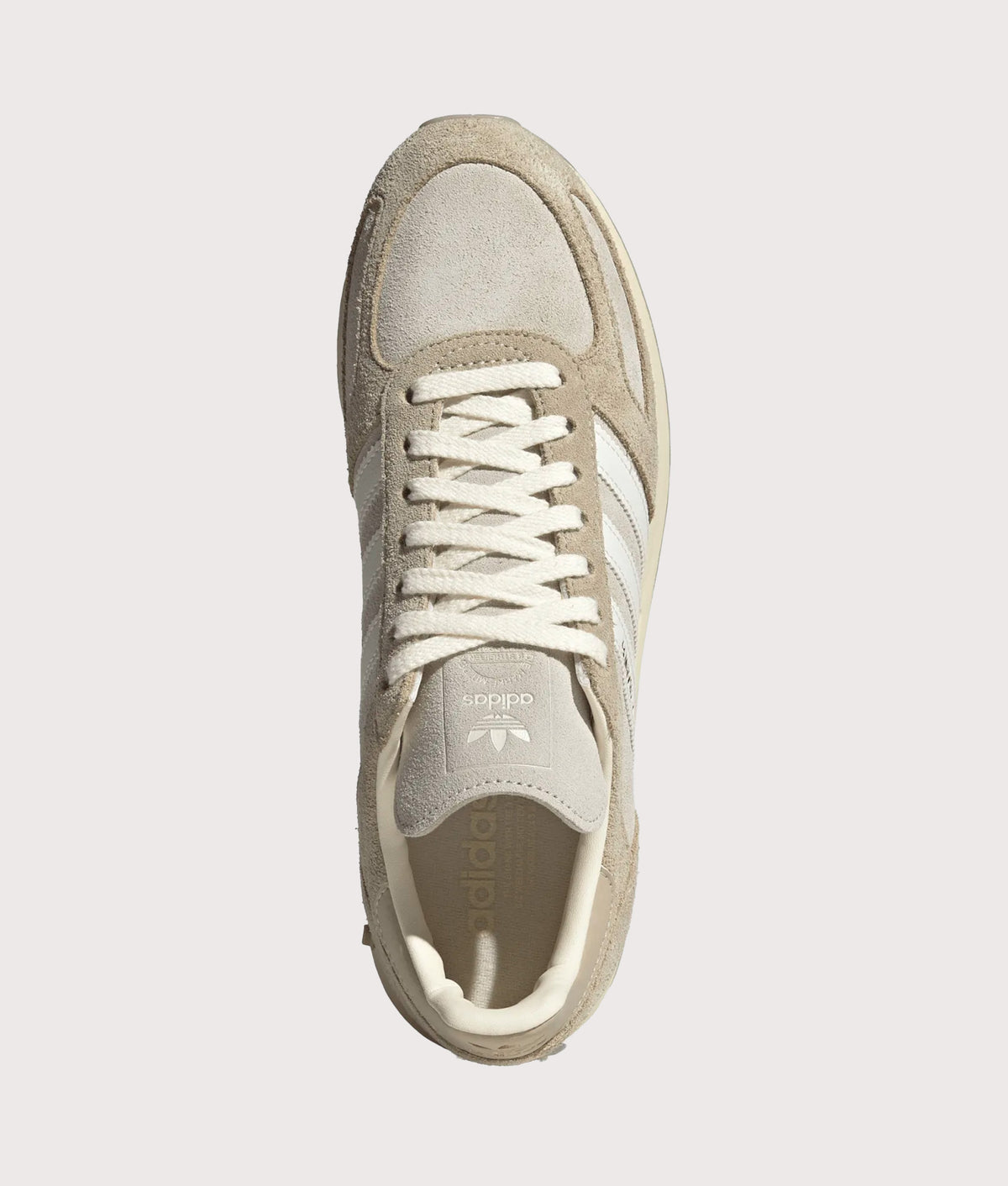 adidas Originals LA Trainer OG in Khaki Three, Off White and Matte Gold at EQVVS Menswear. Top shot.