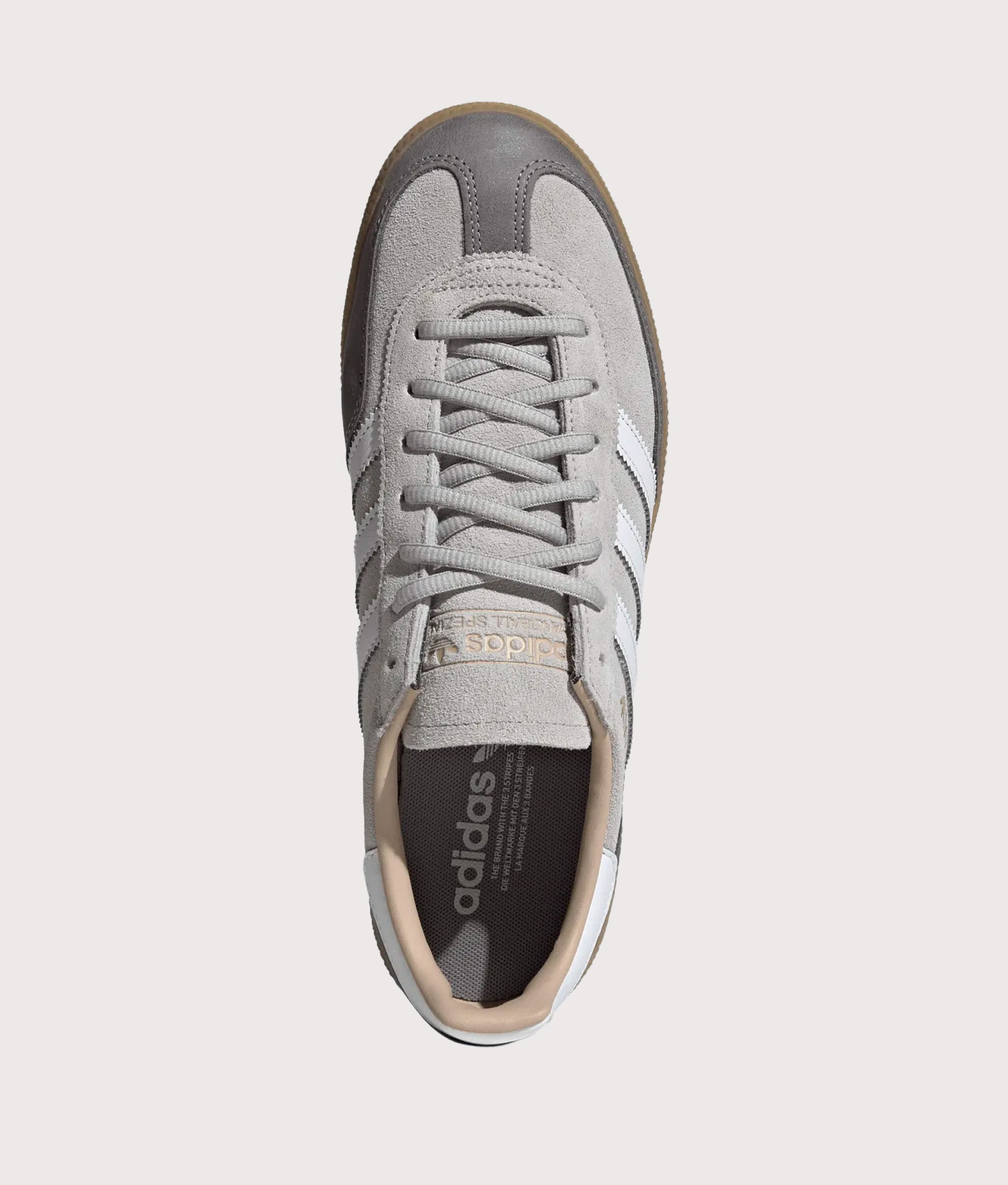 adidas Originals Handball Spezial Trainers in Grey Two, Footwear White and Gum 4 at EQVVS Menswear. Top shot.